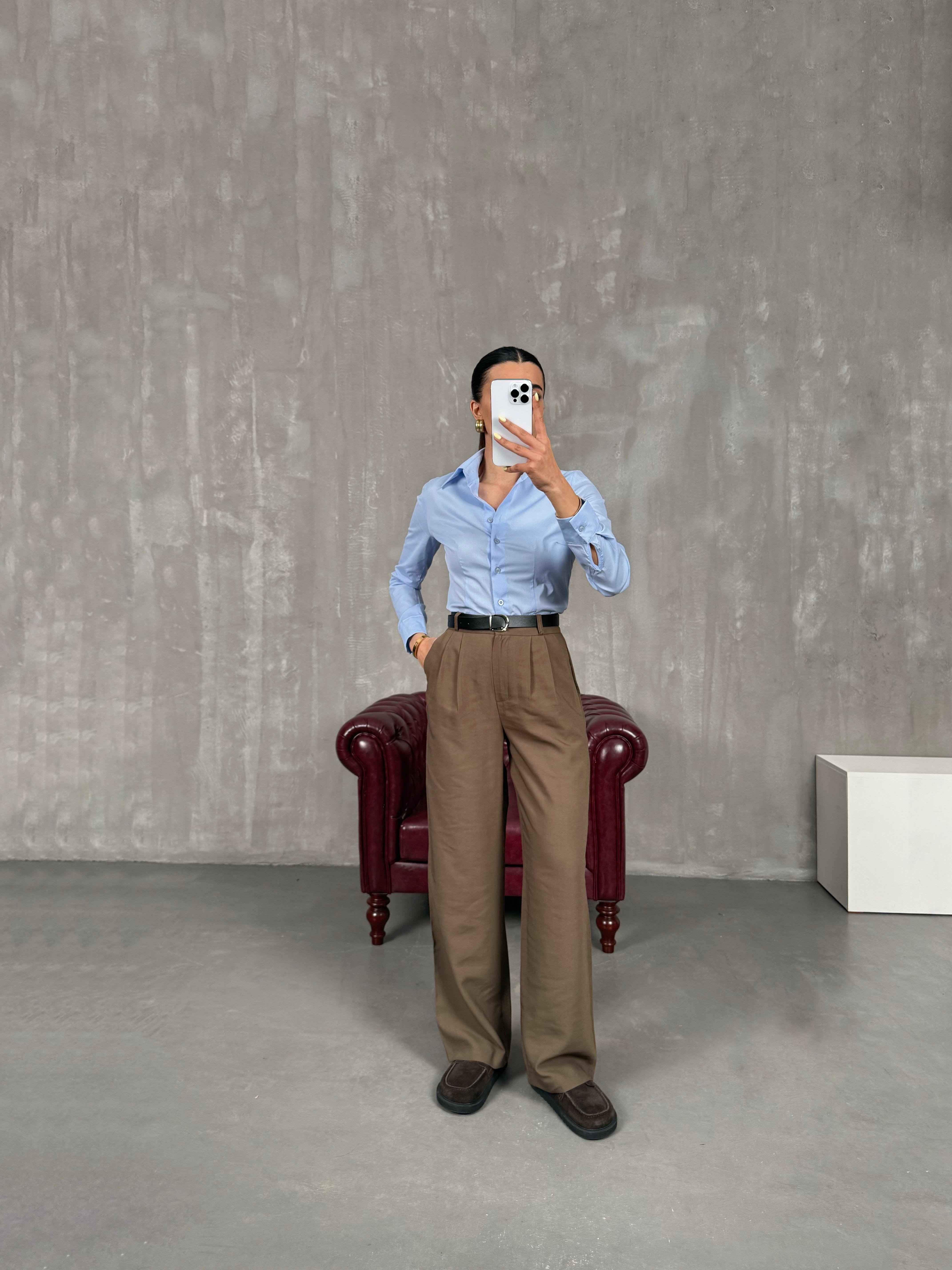 بنطال بالازو بني قماش مستورد مع حزام Gaus00090