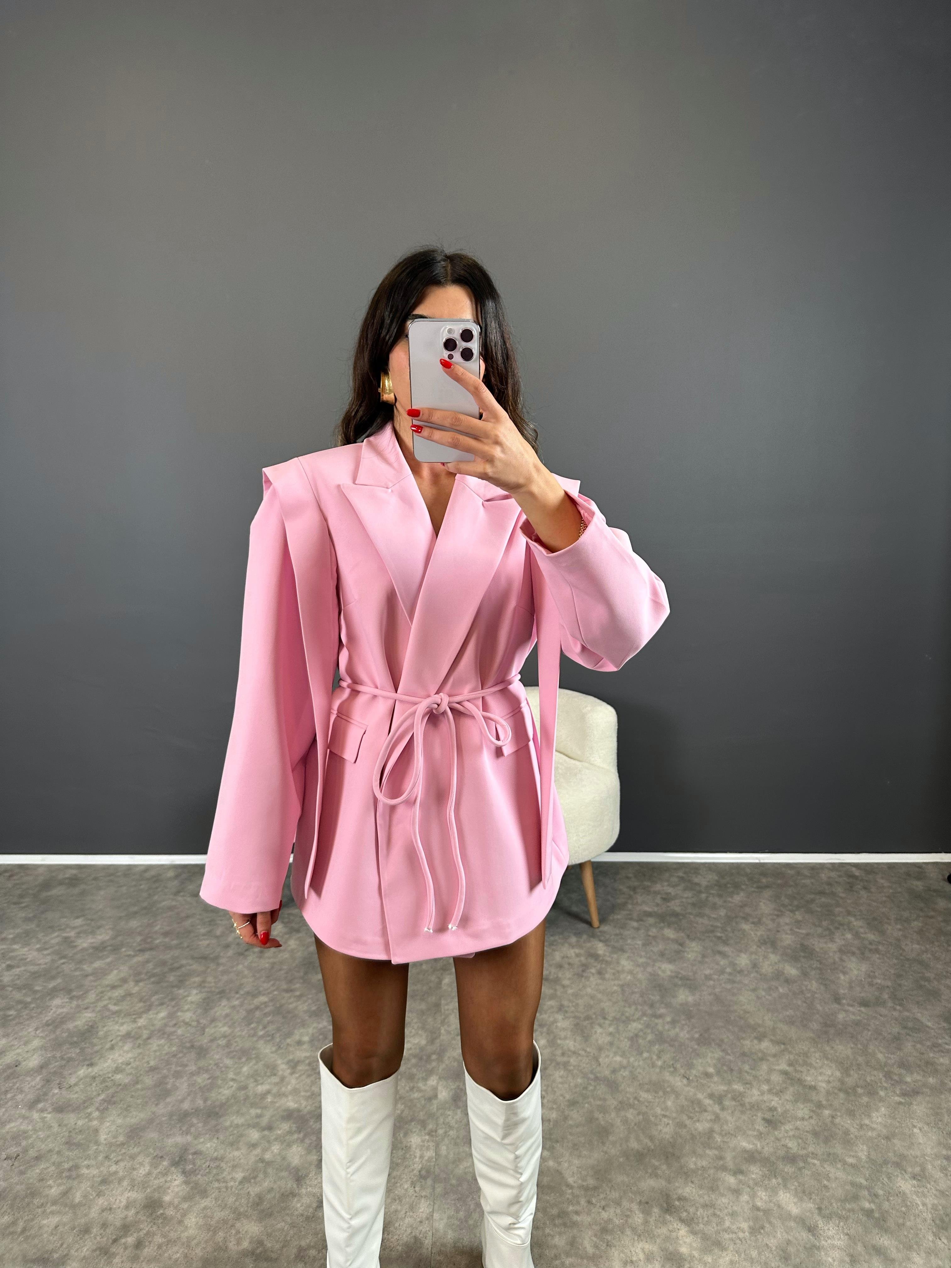 Marisol Premium Pembe Bağlamalı Astarlı Blazer Ceket