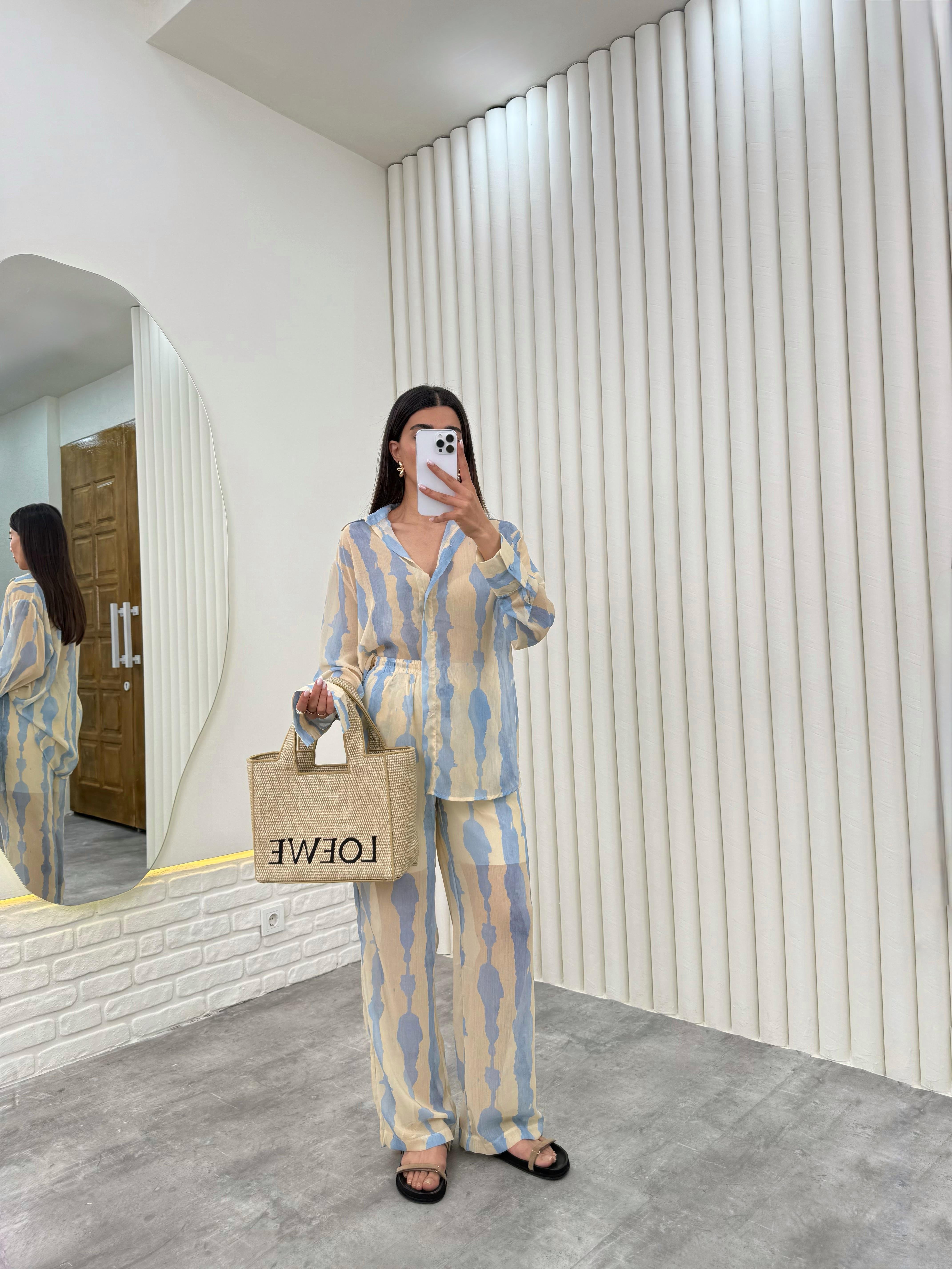 Mavi Yarım Astarlı Desenli Tül Takım Gaus00281GausTAKIMGU1001654