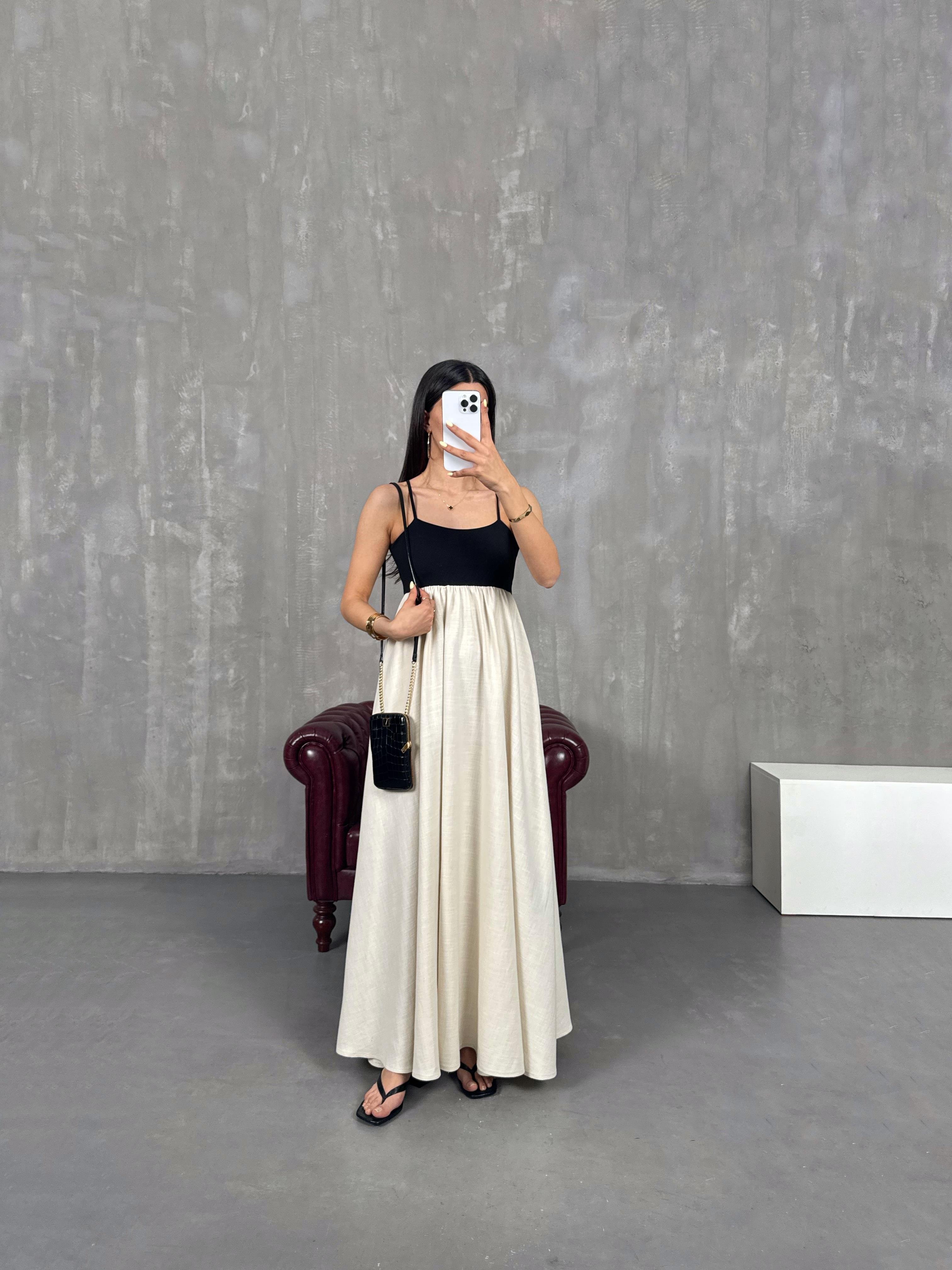 Siyah Taş Renk Bloklu Ayarlanabilir Askılı Elbise Gaus00127GausELBİSEGU1001287