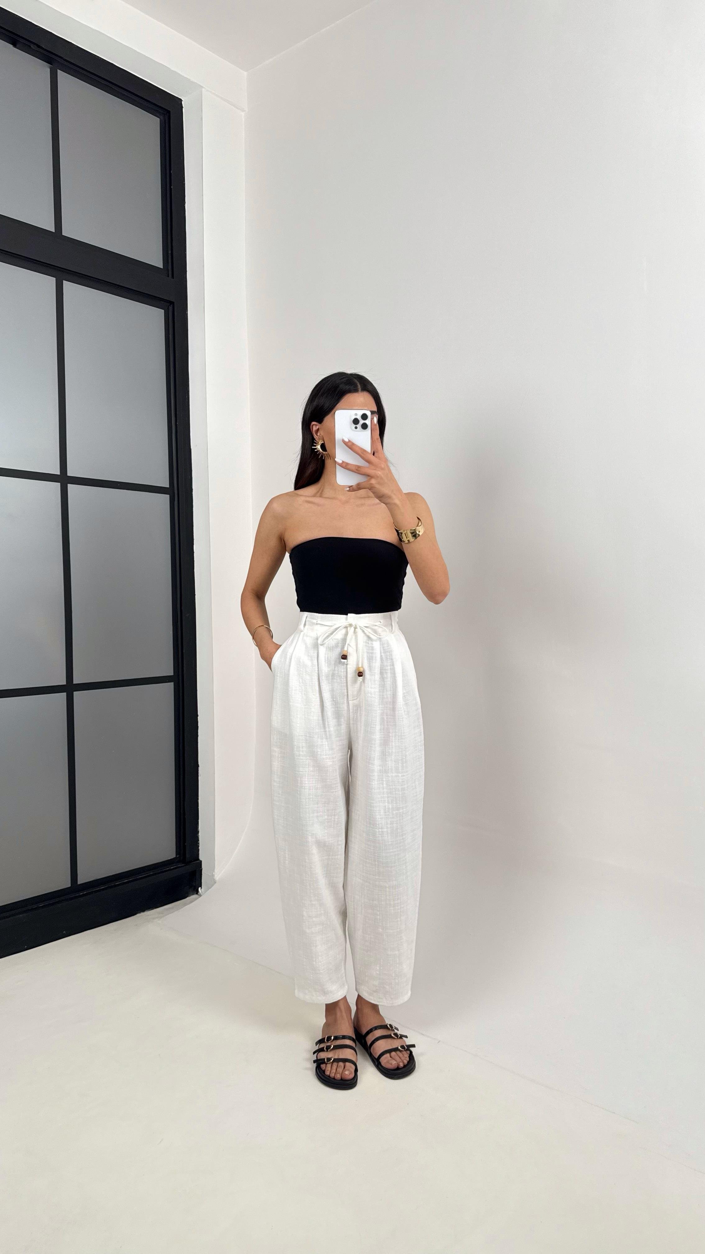 Beyaz Cepli Kuşaklı Balon Keten Pantolon Gaus00383GausPANTOLONGU1001894