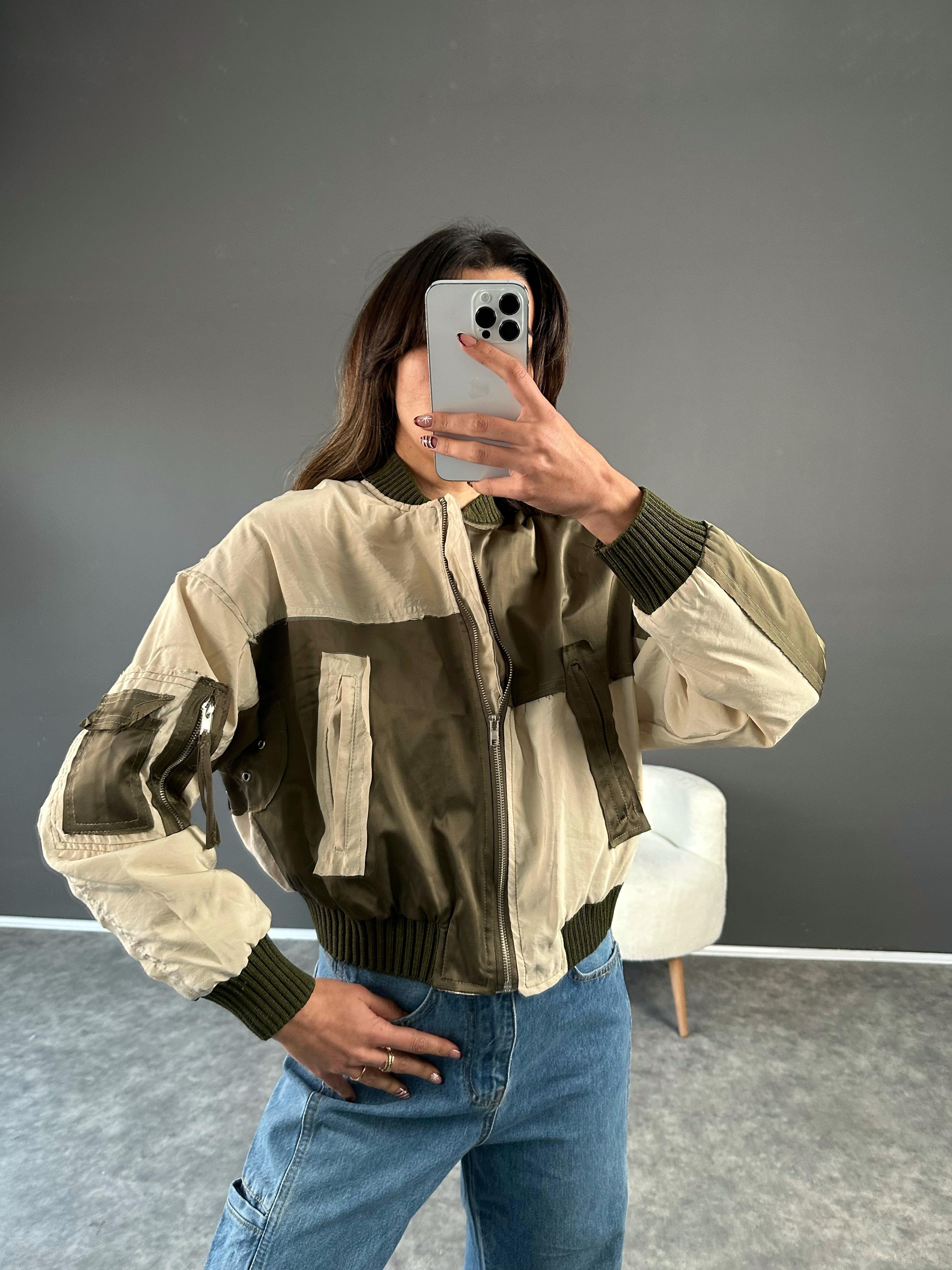 Yeşil Krem Blok Renk Bomber Ceket GausCEKETGU002850