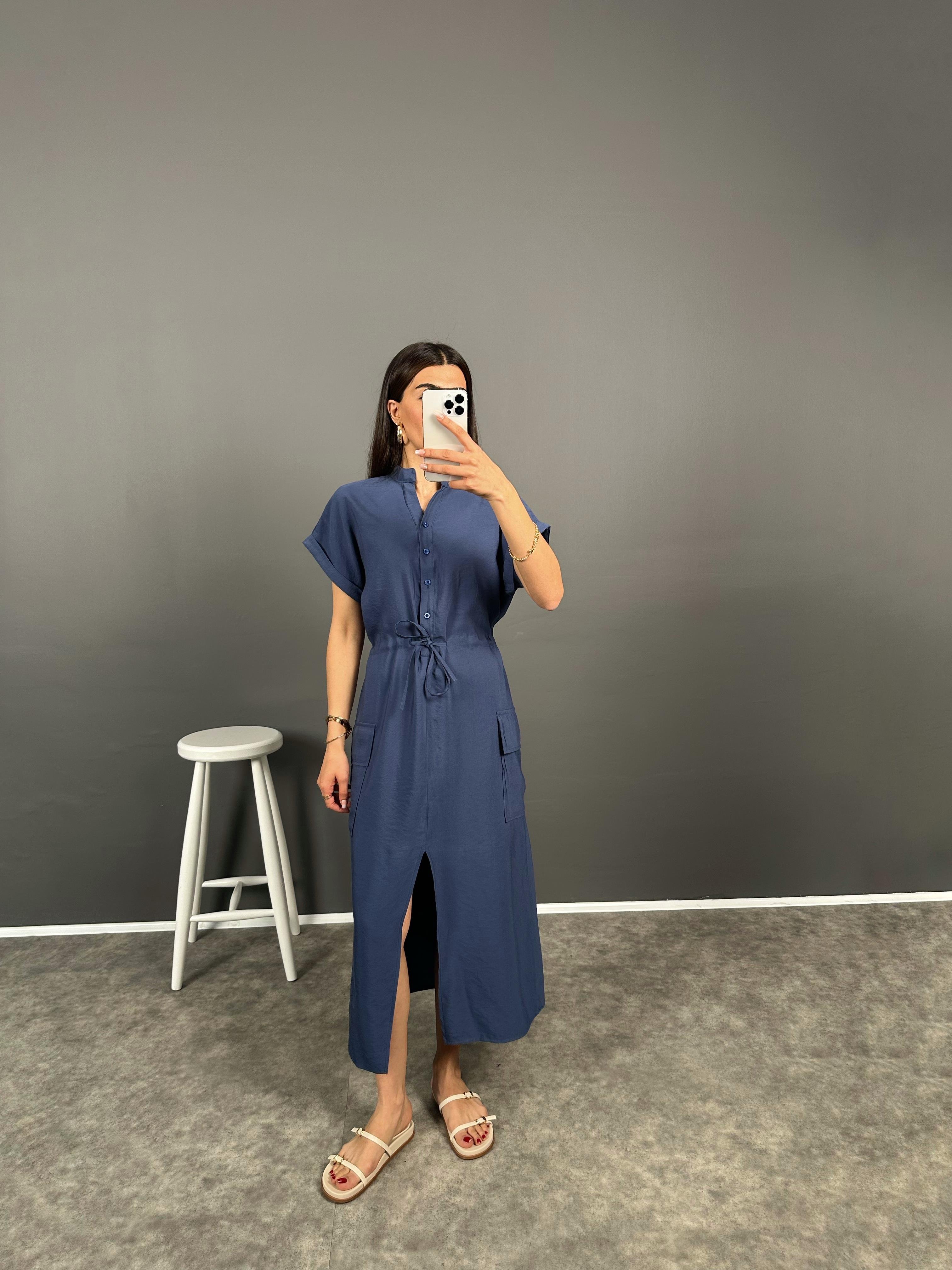 Corinna Mavi İthal Kumaş Önü Yırtmaçlı ElbiseGausELBİSEGU008154