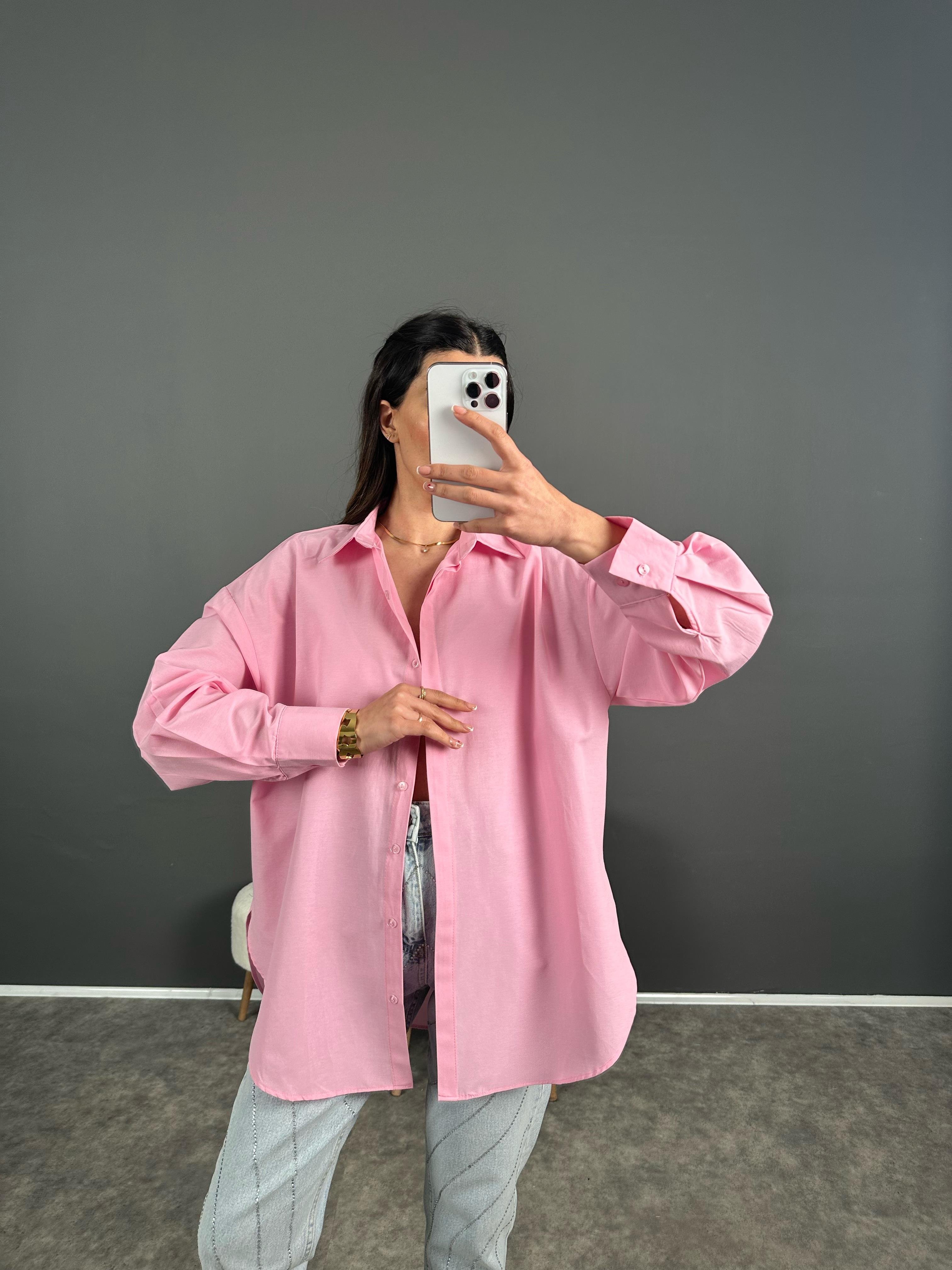 Min Pembe Oversize Gizli Düğmeli Gömlek