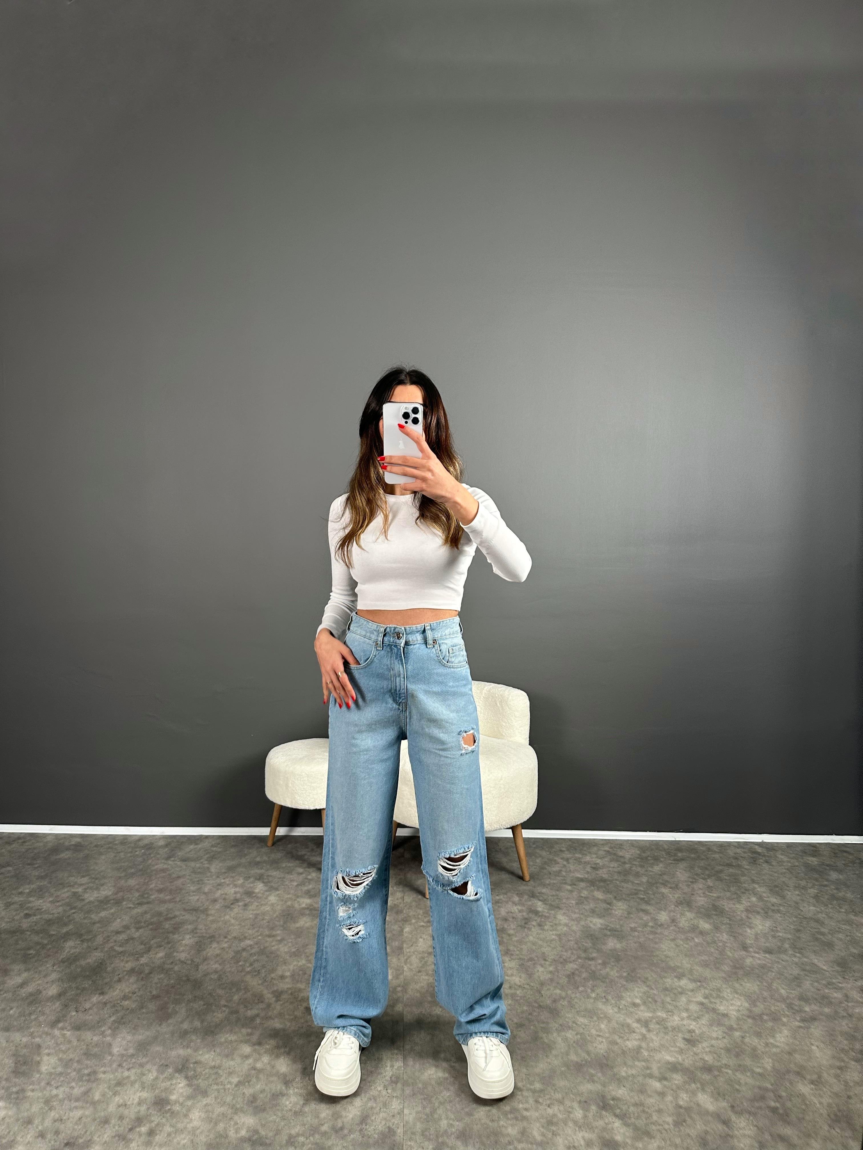 Wina Mavi Yırtık Yüksek Bel Straight Jean