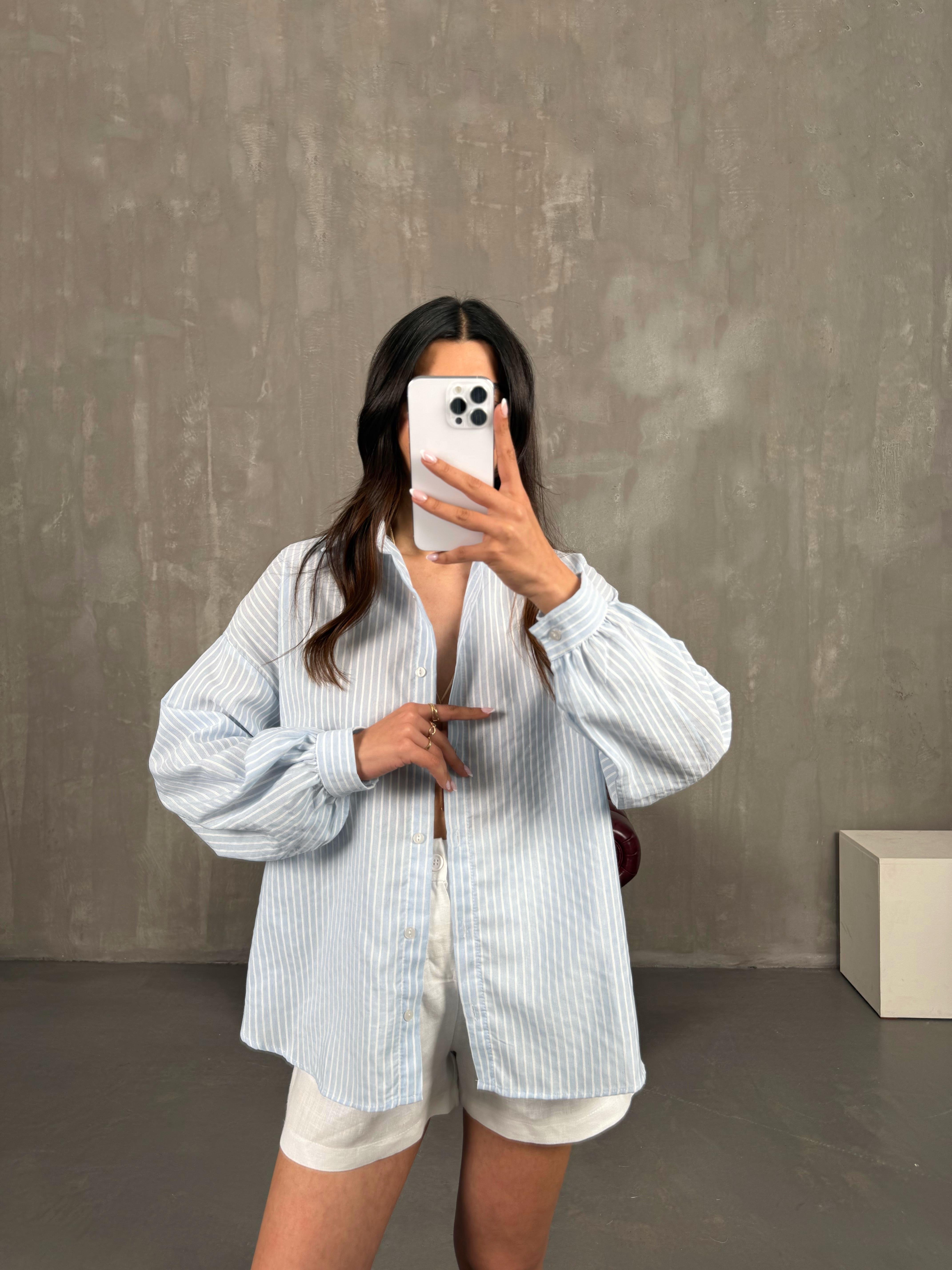 Mavi Beyaz Çizgili Keten Gömlek Gaus00268GausGÖMLEKGU1001618