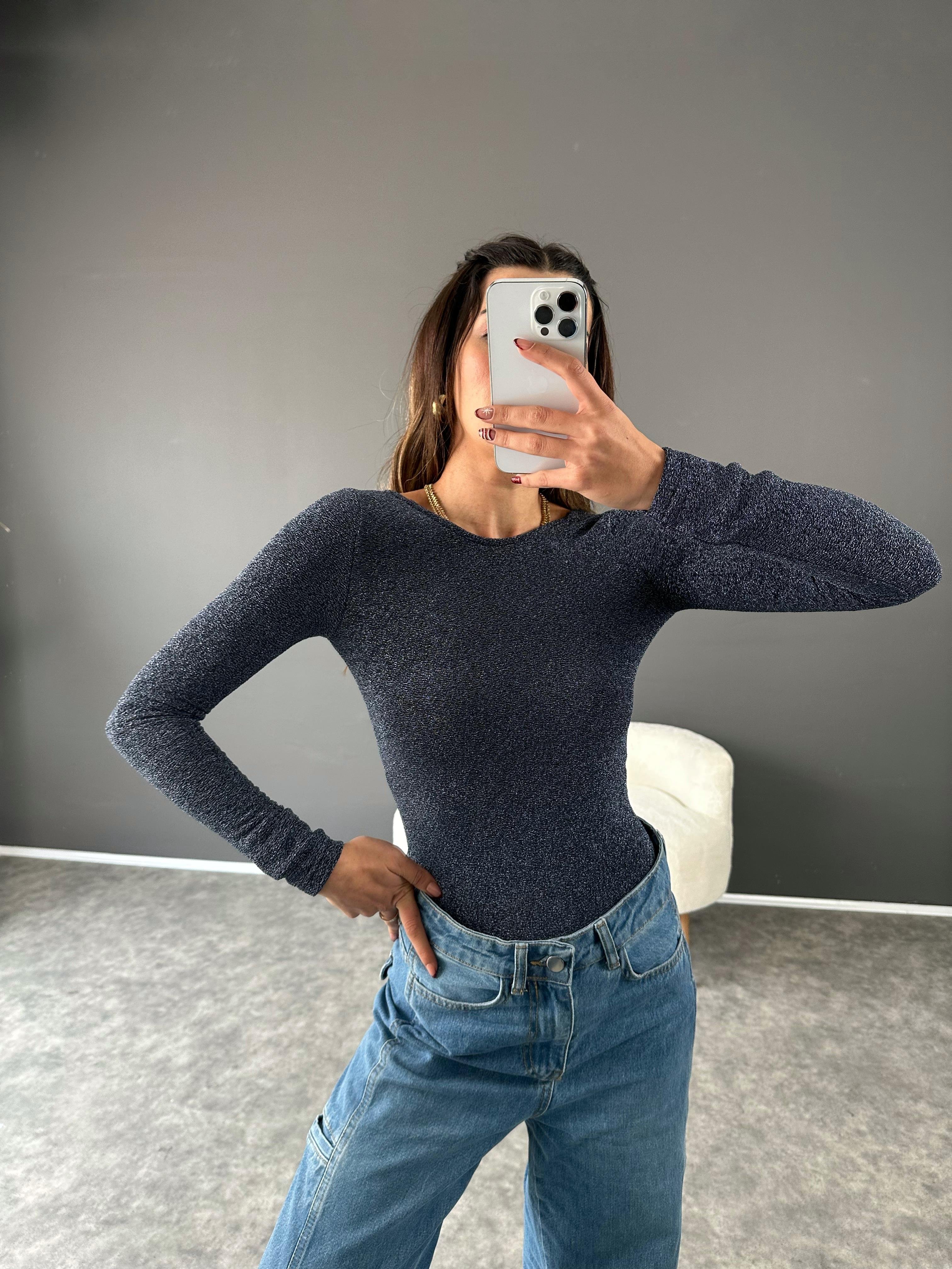 Gece Mavi Simli BodysuitGausCROPGU002875