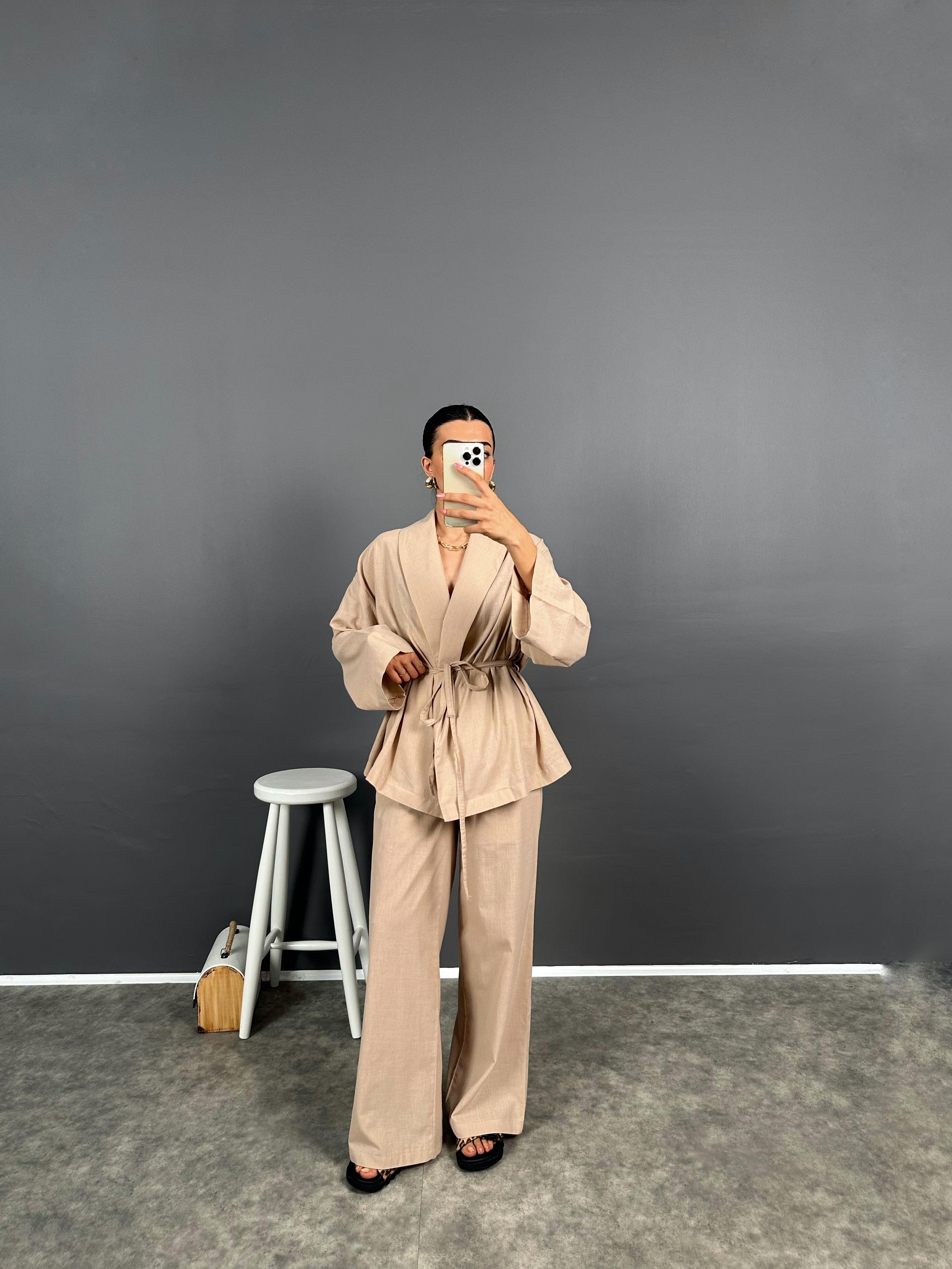 Guta Sütlü Kahve Keten Karışımlı Yarım Astarlı Pantolon Kimono İkili TakımGausTAKIMGU008624