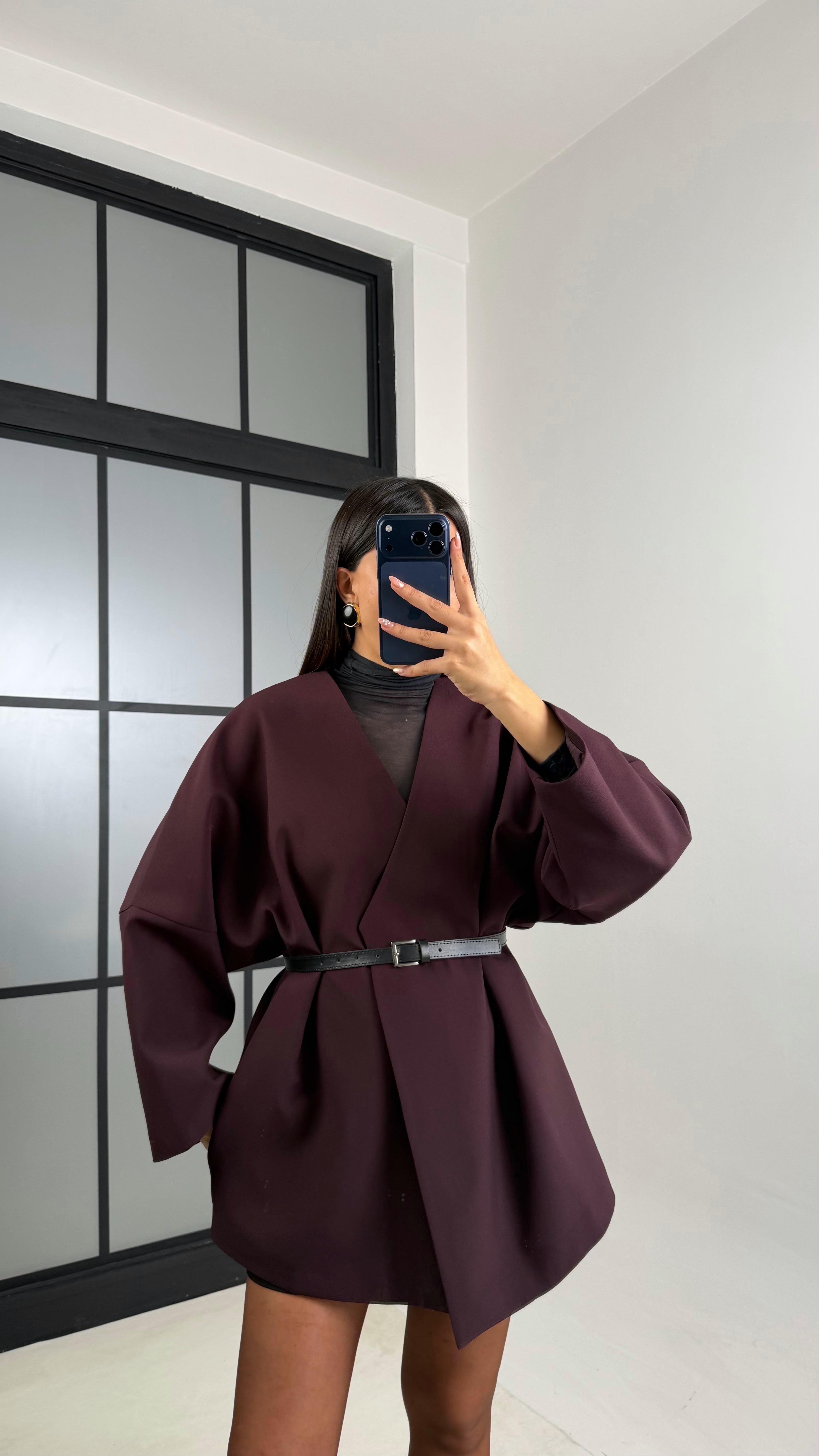 Mürdüm Kemerli Astarlı Cepli Premium Ceket GAUS-00818GAUSCEKETGAUS-00818