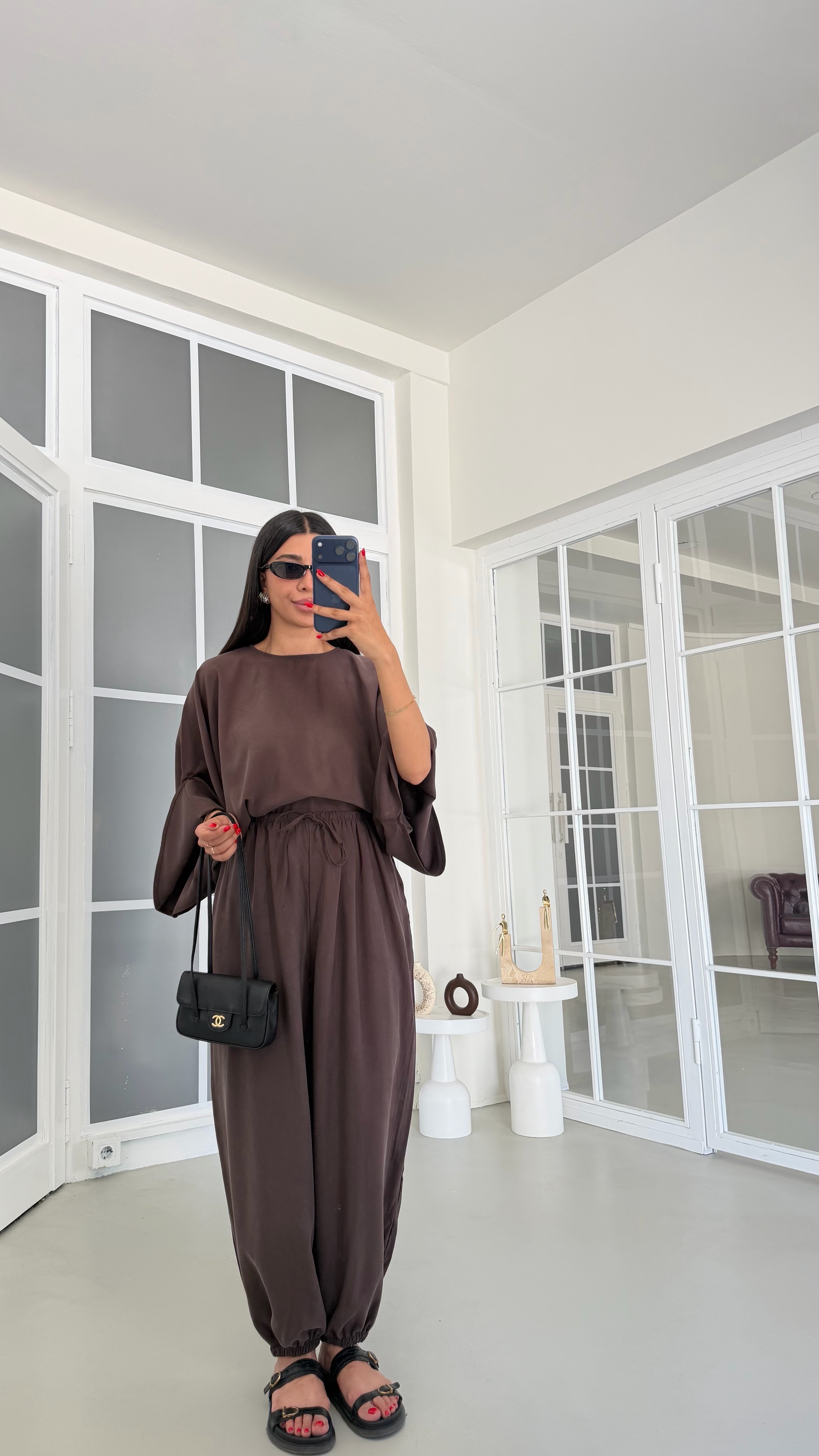 Kahve Yarasa Kol Bluz Beli Lastikli Şalvar Pantolon İkili Tencel Takım GAUS-01840GAUSSuitsGAUS-01840