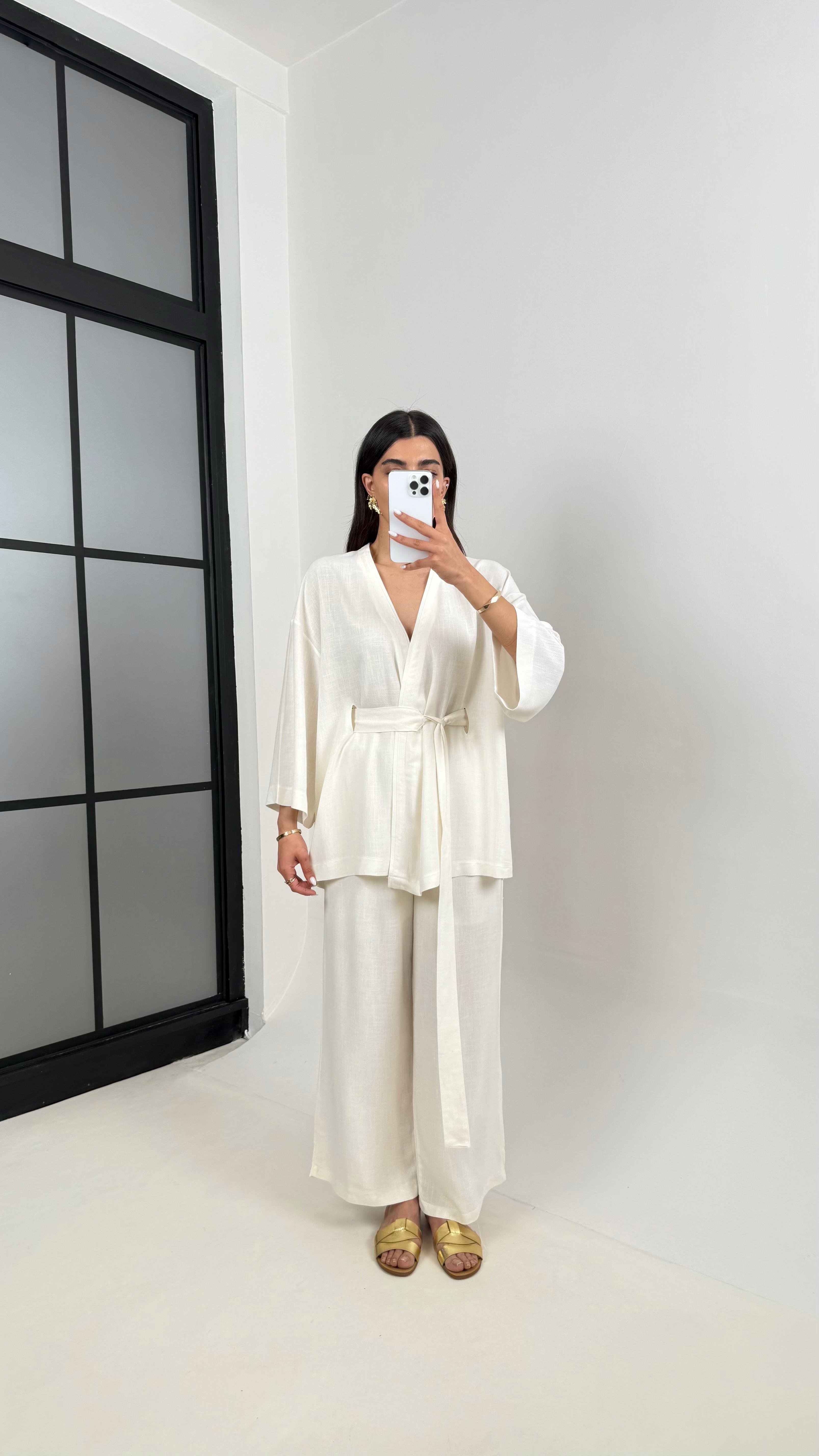 Ekru Kuşaklı Kimono Beli Lastikli Cepli Pantolon Keten Takım Gaus00397GausTAKIMGU1001930