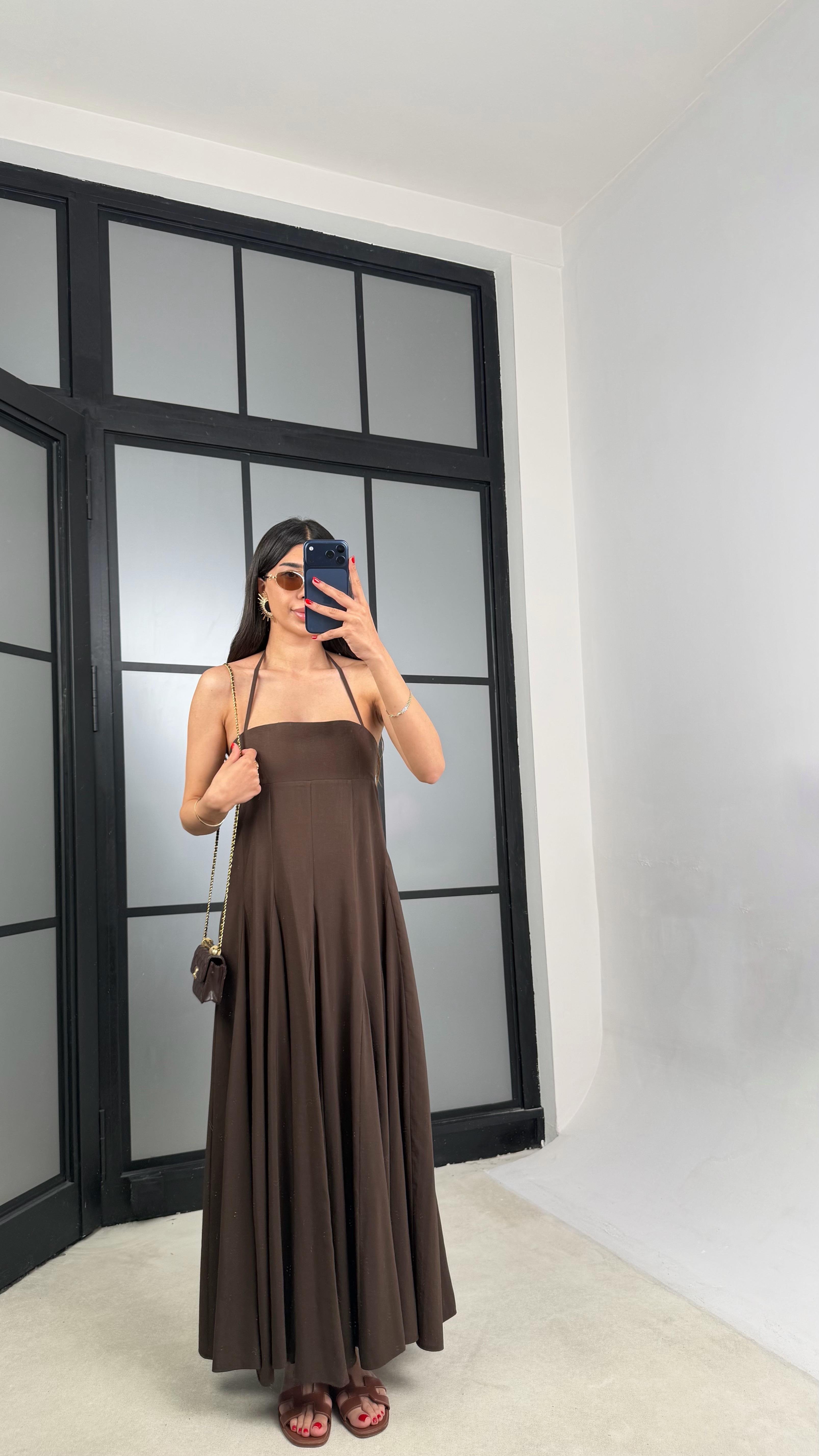 Acı Kahve Boyundan Bağlamalı Tencel Elbise GAUS-01516GAUSELBİSEGAUS-01516