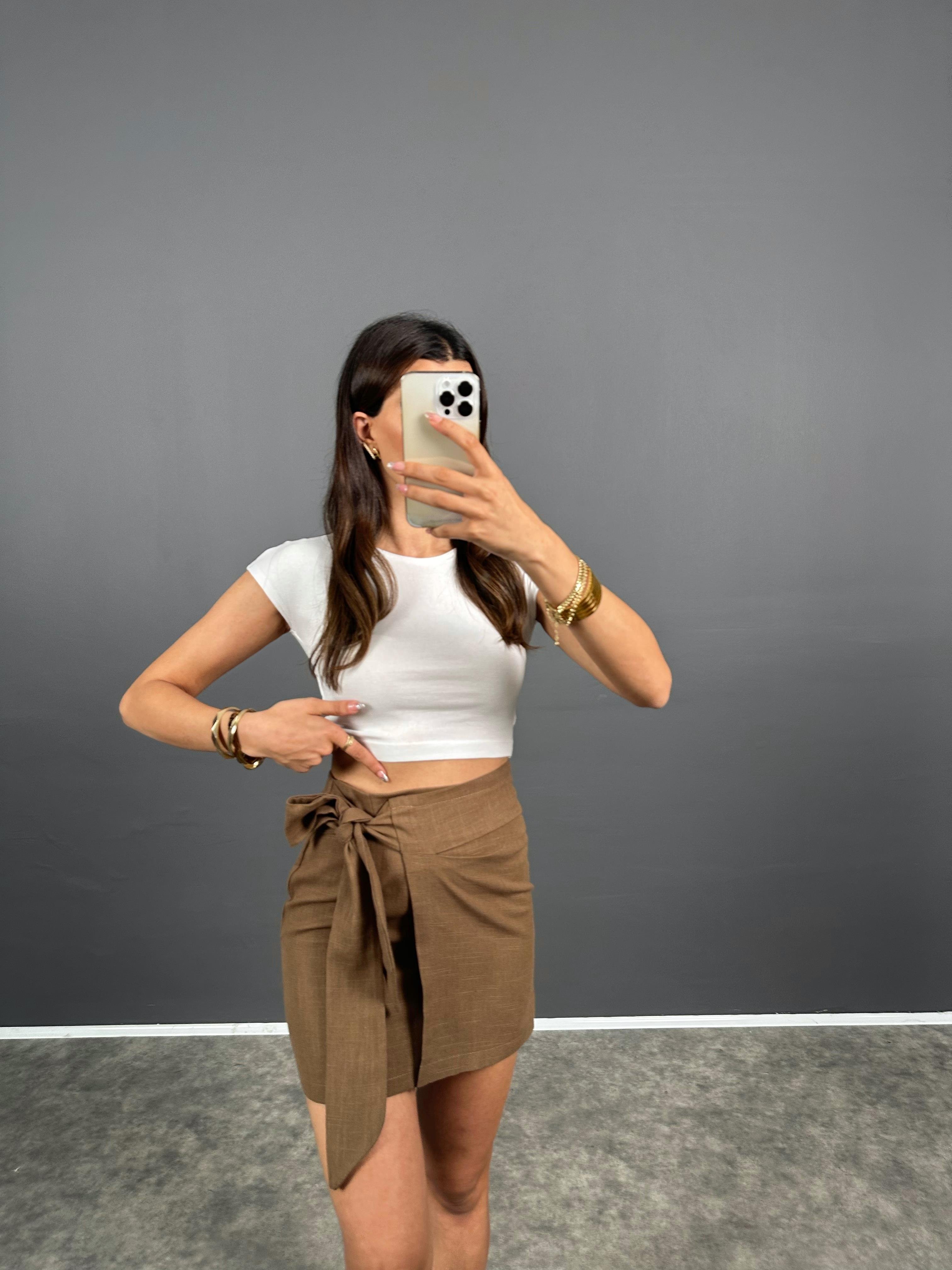 Fatsia Kahve Bağlamalı Mini Keten Etek