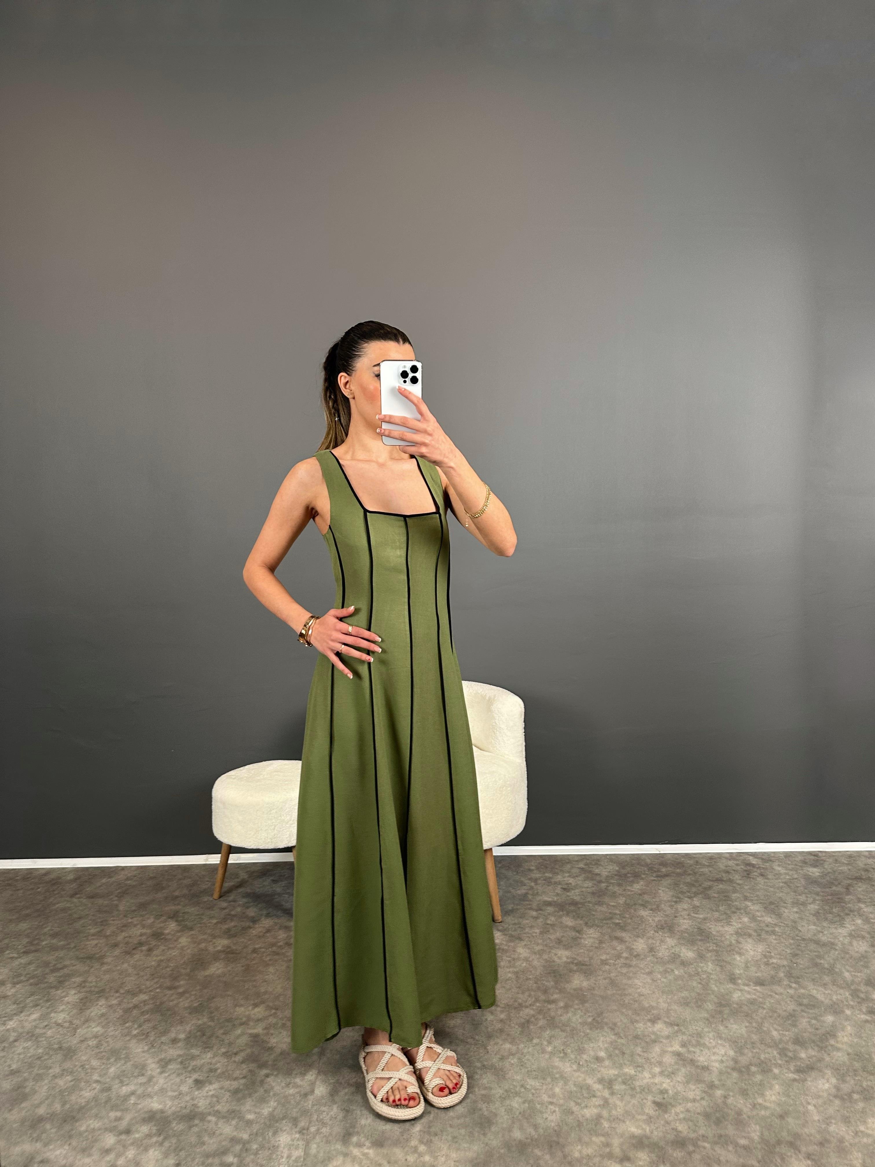 Haki Biyeli Premium Keten Uzun Elbise GausELBİSEGU004609
