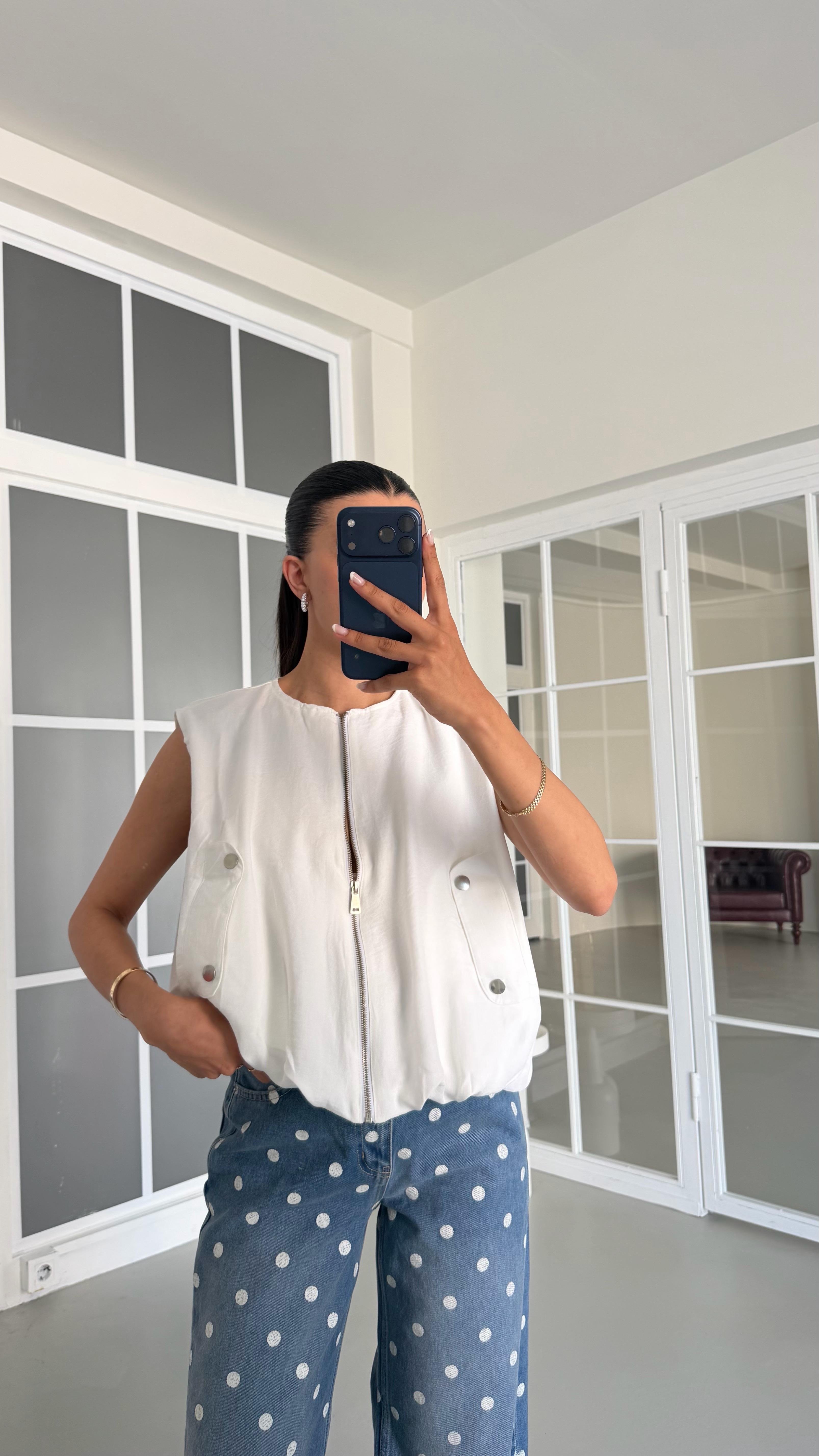 Beyaz Fermuarlı Astarlı Keten Yelek GAUS-01689GAUSYELEKGAUS-01689