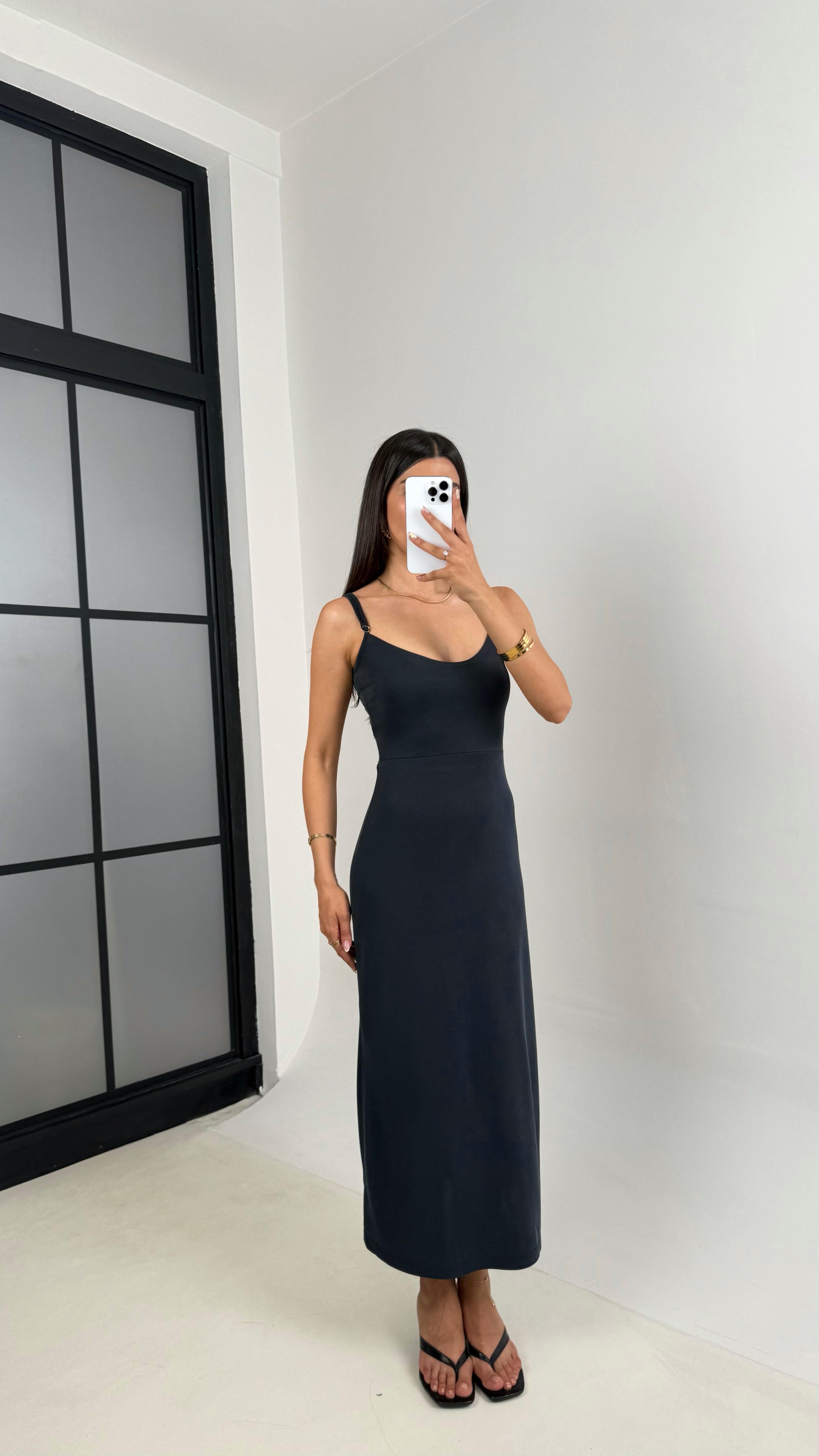 Antrasit Ayarlanabilir Askılı Sırt Dekolteli Pike Modal Kumaş Elbise Gaus00644GausELBİSEGU1002496