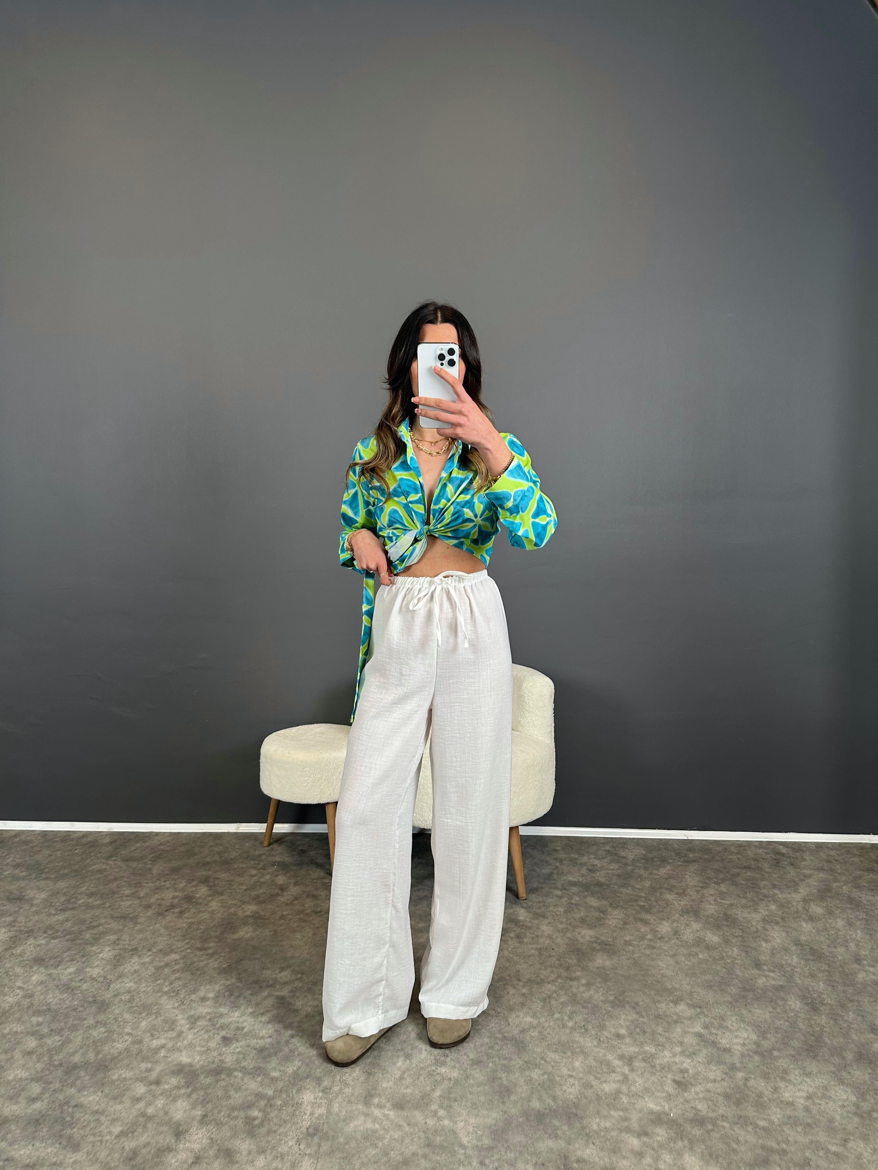 Nun Beyaz Keten Beli Lastikli Pantolon 