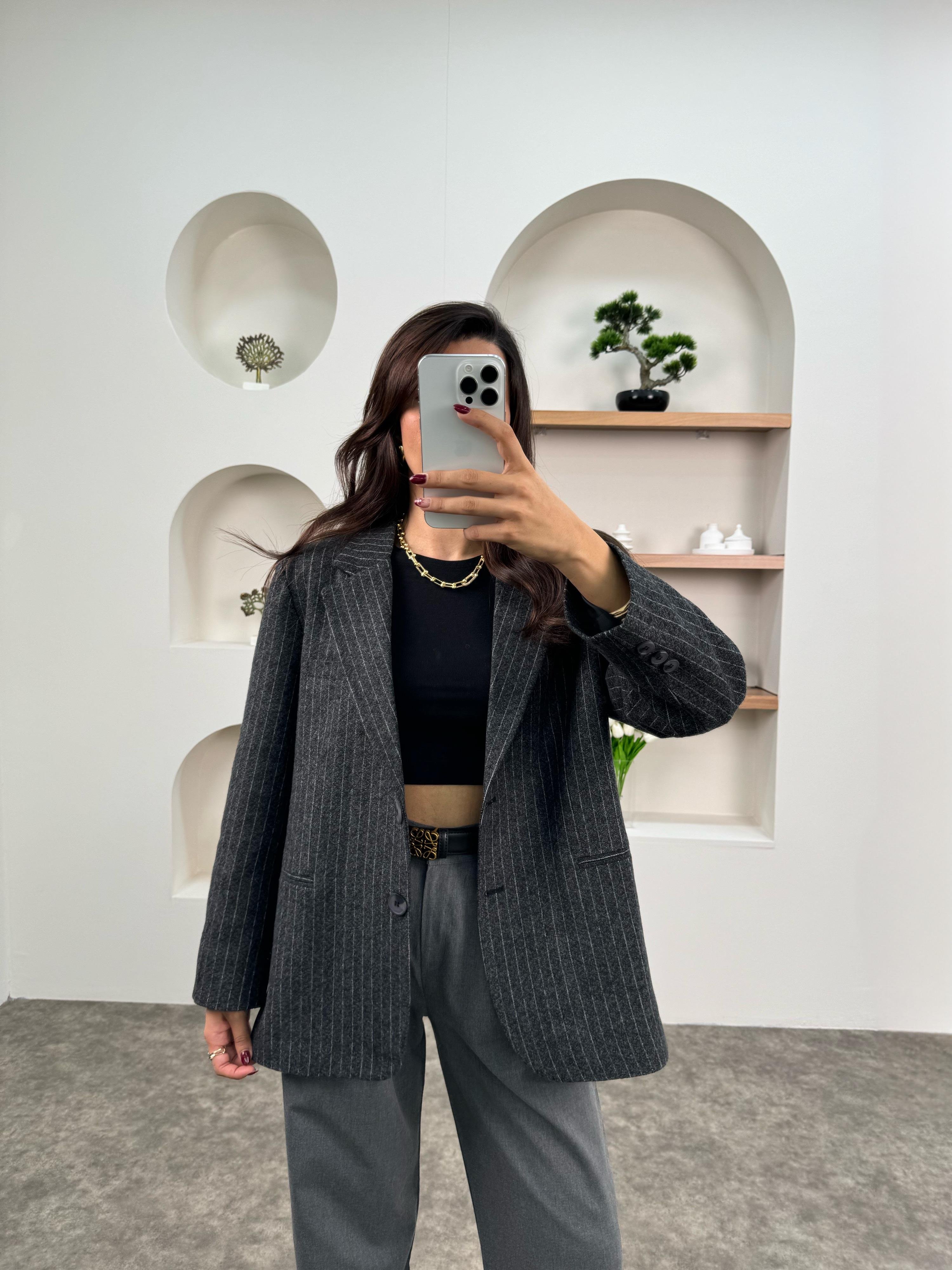 Melins Antrasit Çizgili Astarlı Sakallı Blazer CeketGausCEKETGU00903576