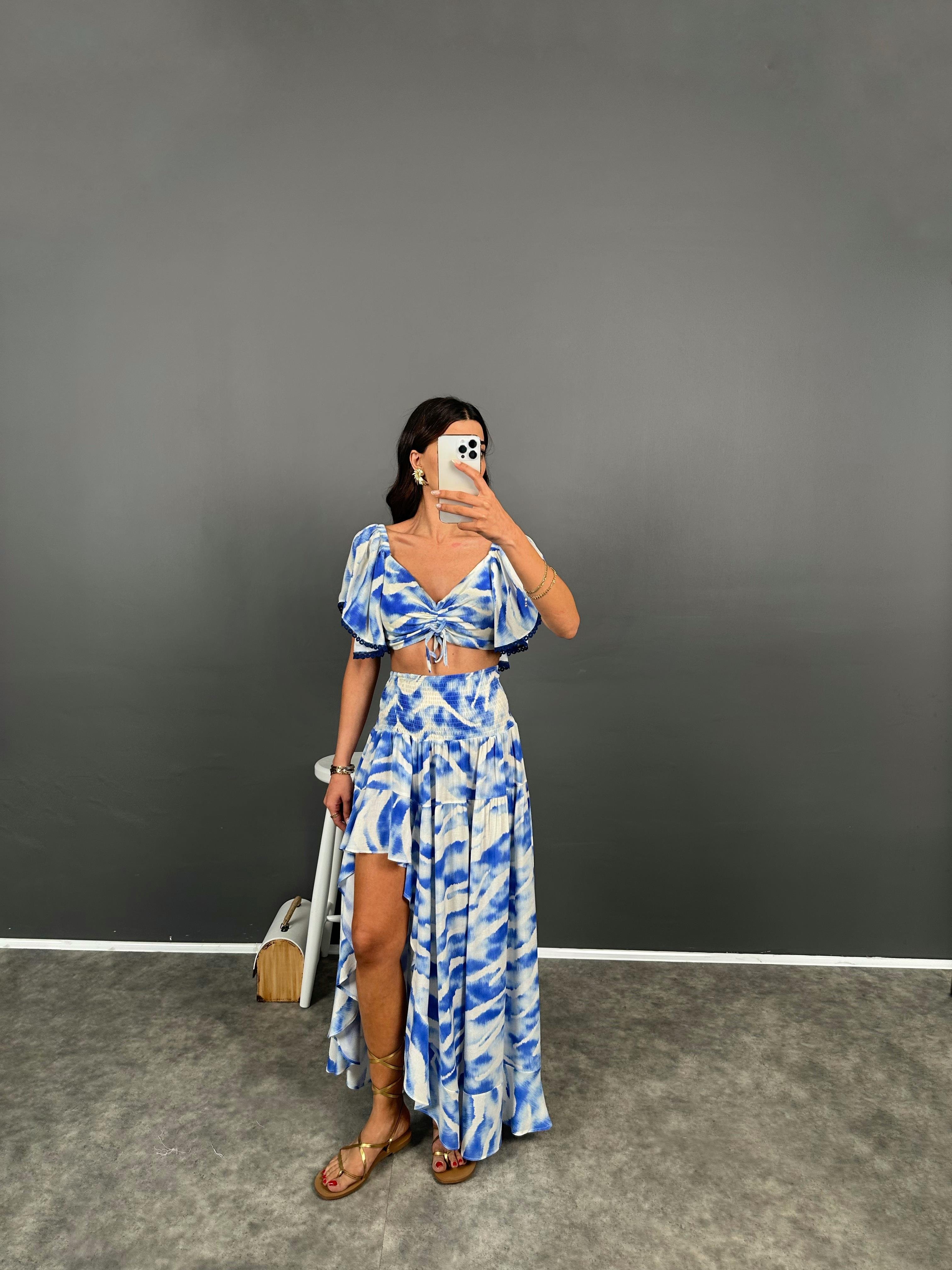Dekra Mavi Desenli Crop Bluz Etek TakımGausTAKIMGU008365