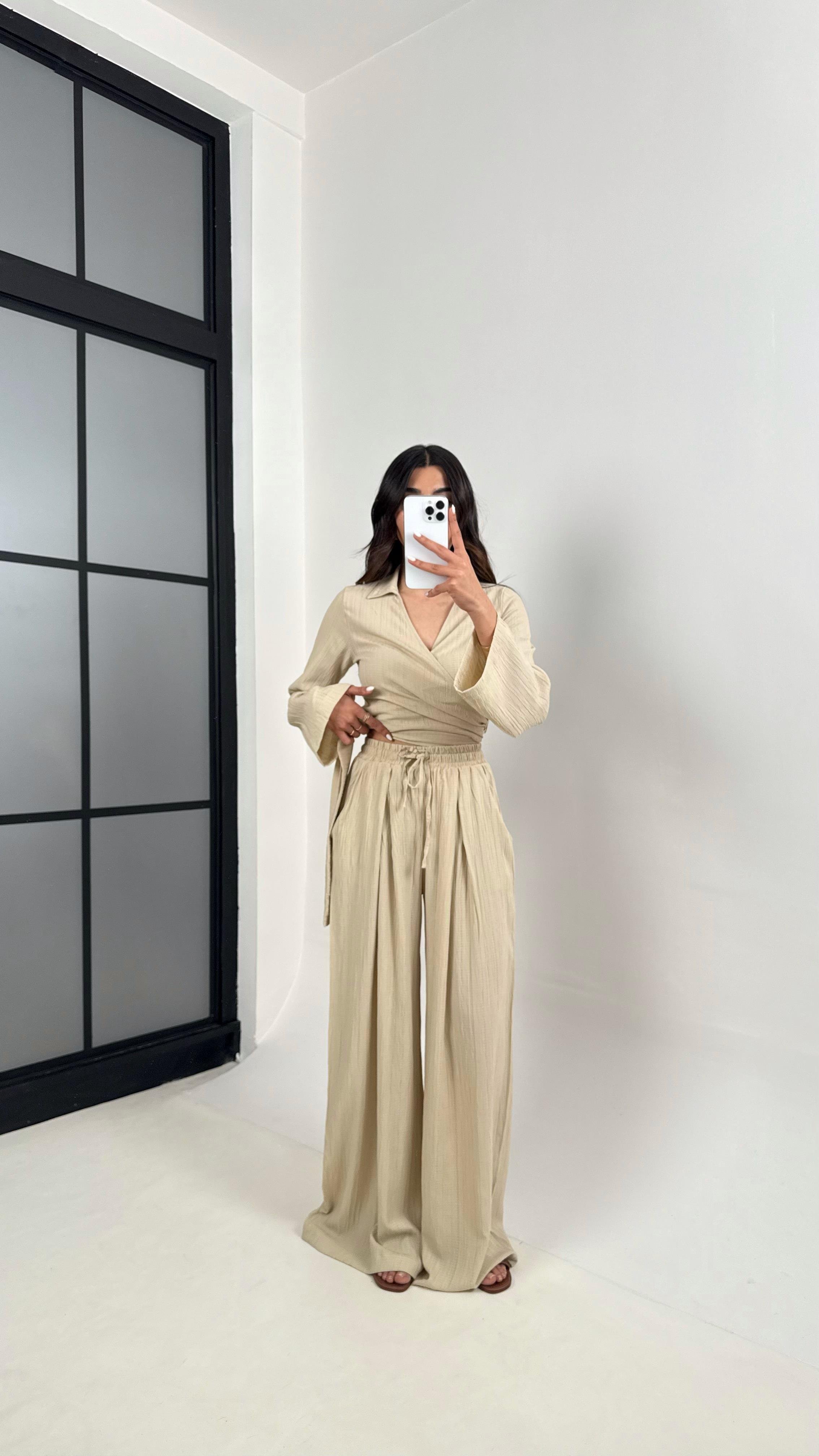 Taş Bağlamalı Üst Beli Lastikli Pantolon Bürümcük Takım Gaus00389 GausTAKIMGU1001908