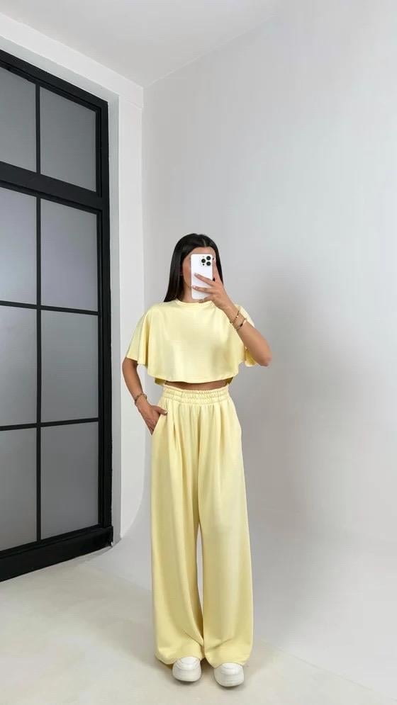 Sarı Crop Beli Lastikli Palazzo Eşofman İkili Modal Kumaş Takım GAUS-01219GAUSTAKIMGAUS-01219
