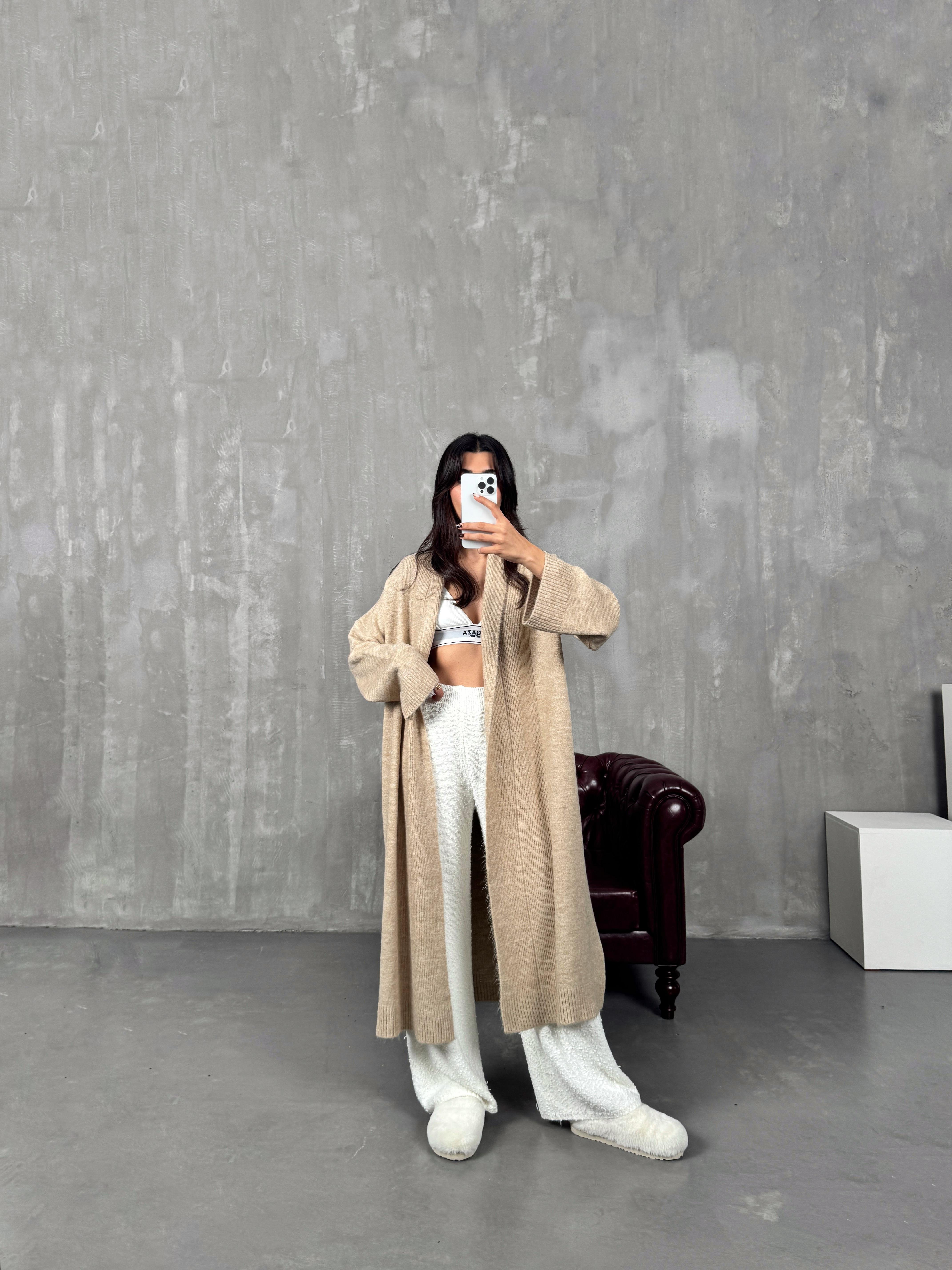 Aze Camel Salaş Triko Uzun Hırka