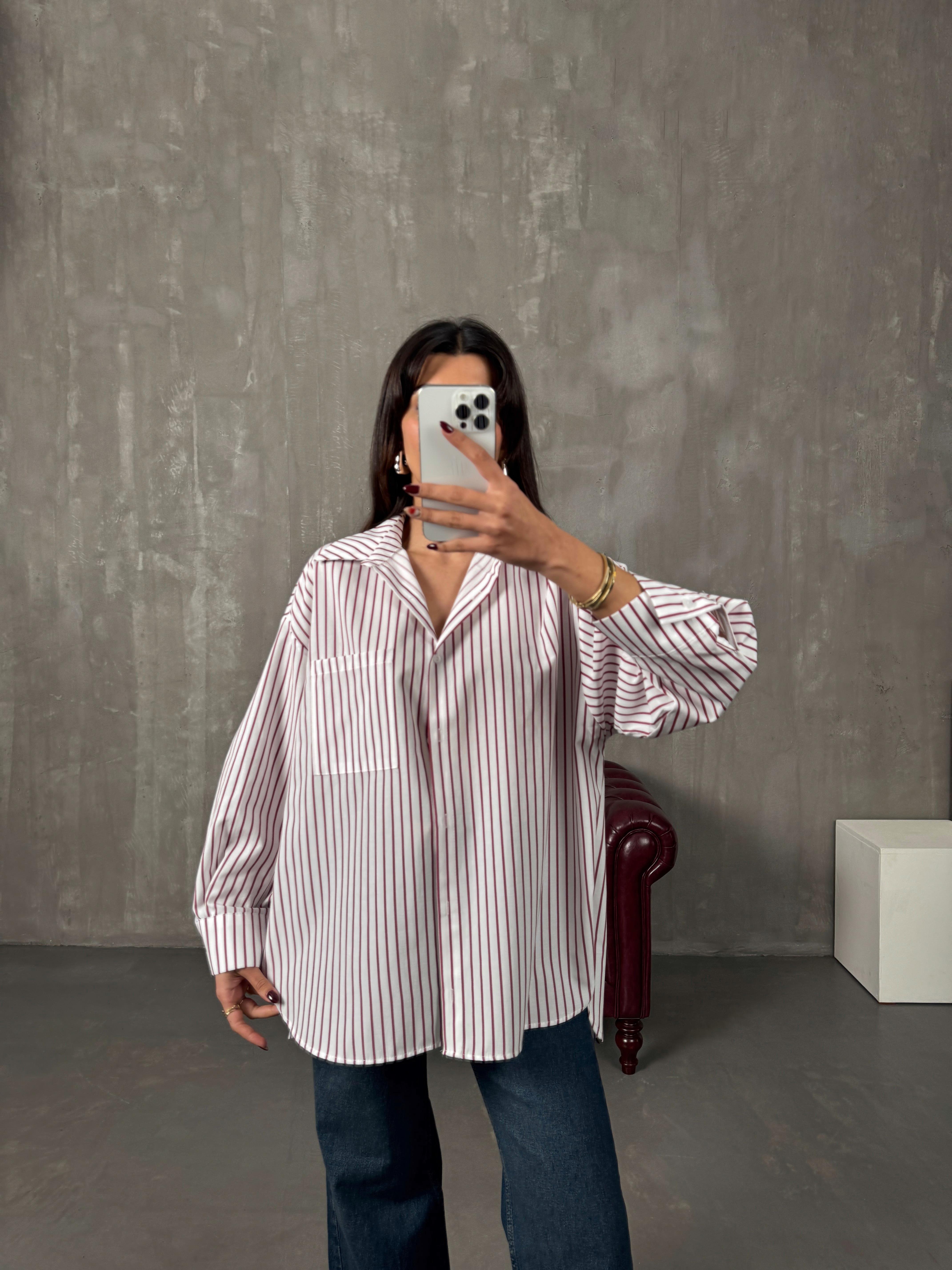Vory Bordo Çizgili Beyaz Oversize GömlekGausGÖMLEKGU00904420