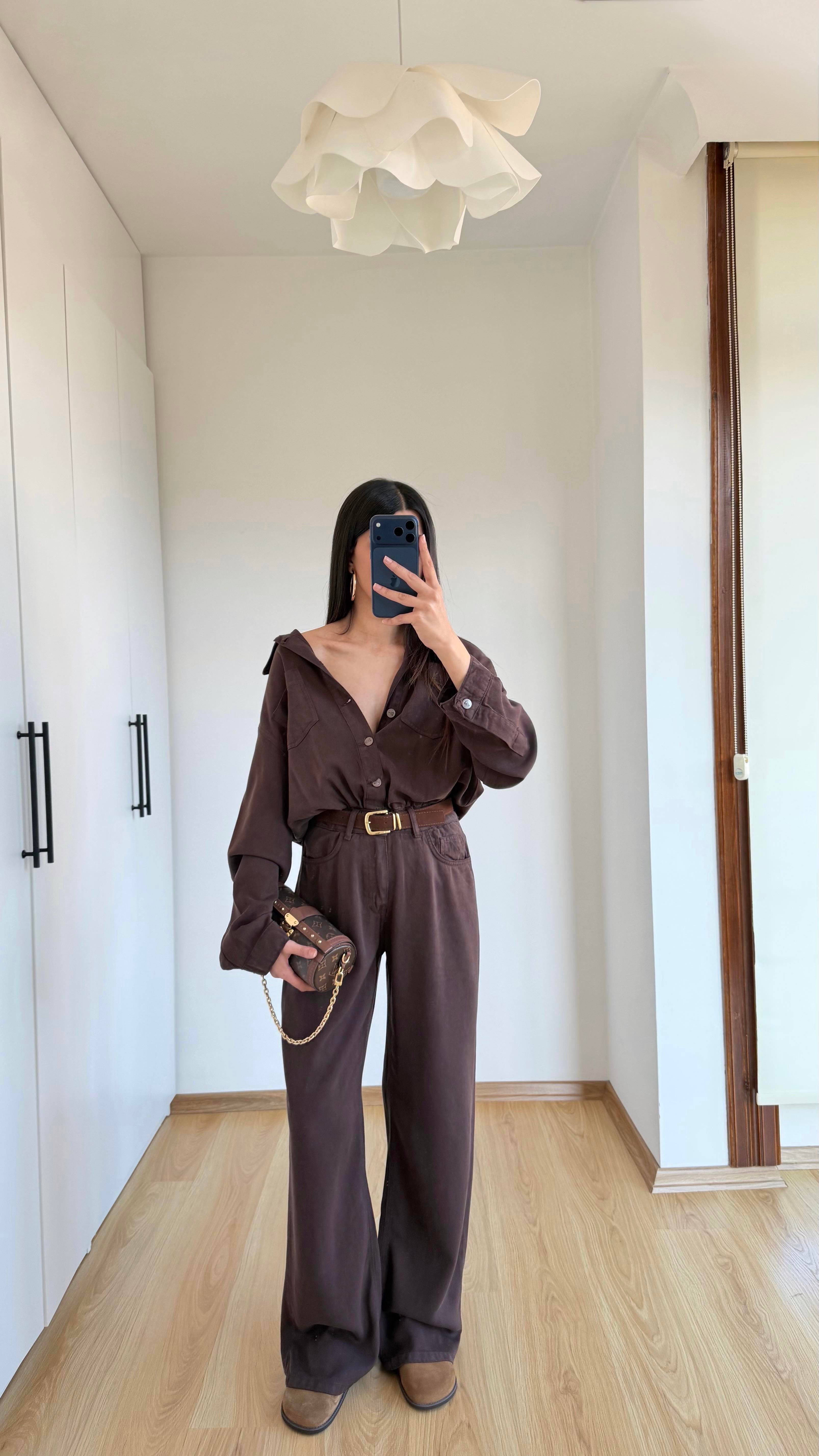 Acı Kahve Beli Lastikli Tencel Denim Tulum GAUS-01394GAUSTULUMGAUS-01394