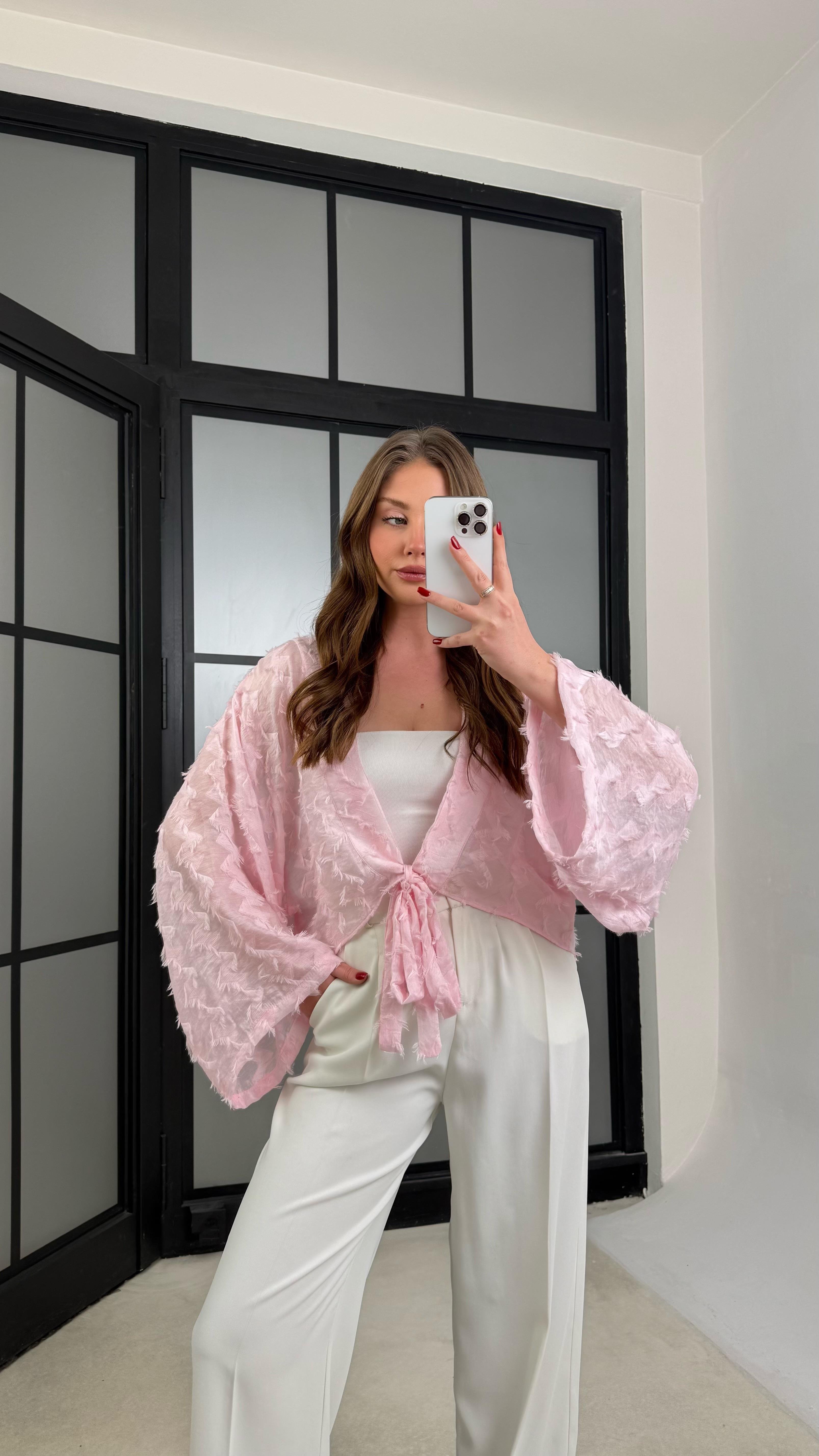 Pembe Püsküllü Bağlama Detaylı Kimono GAUS-01277GAUSHIRKAGAUS-01277