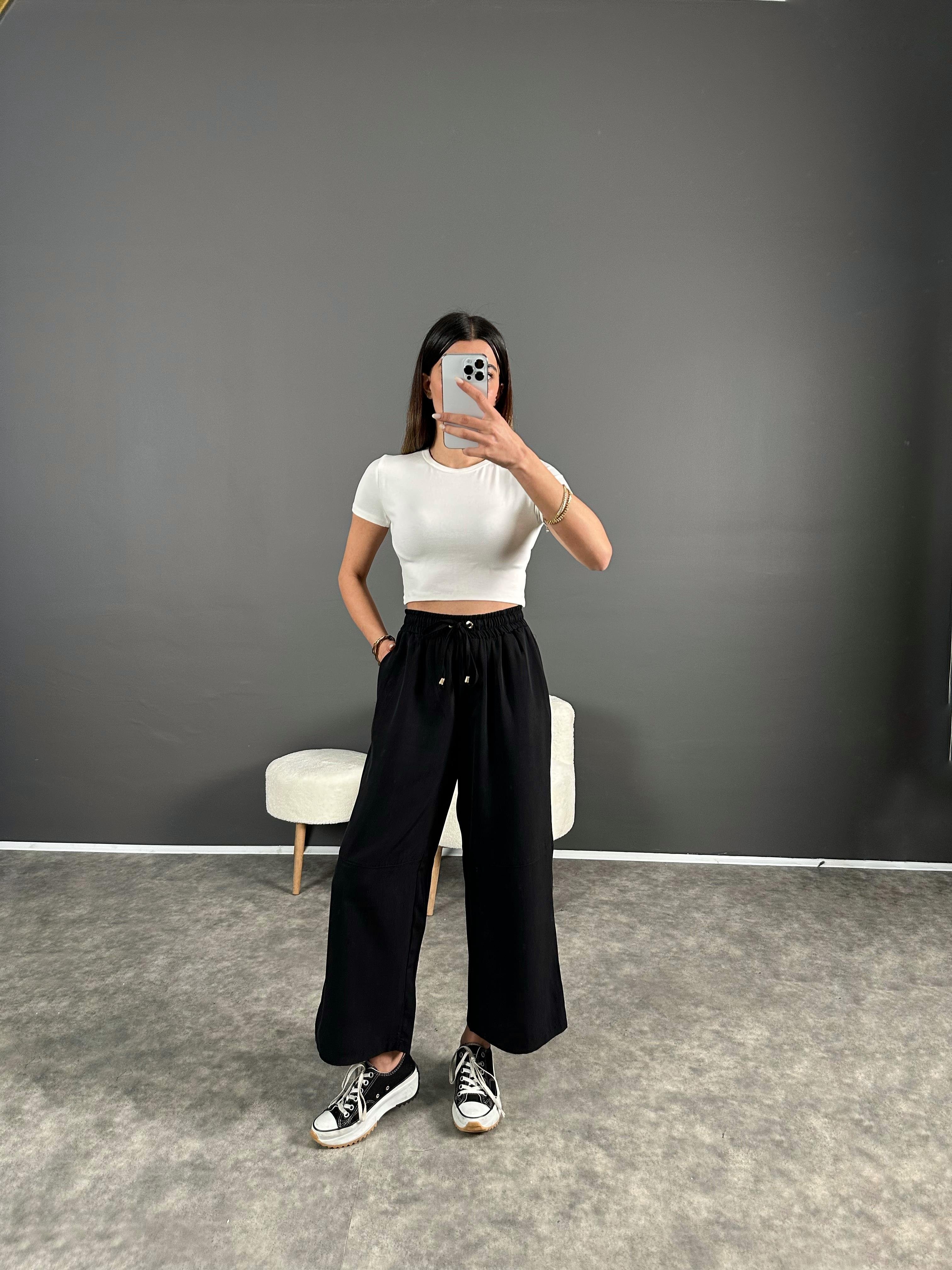 Premium Siyah Tensel Bilekte Bol Paça Pantolon 