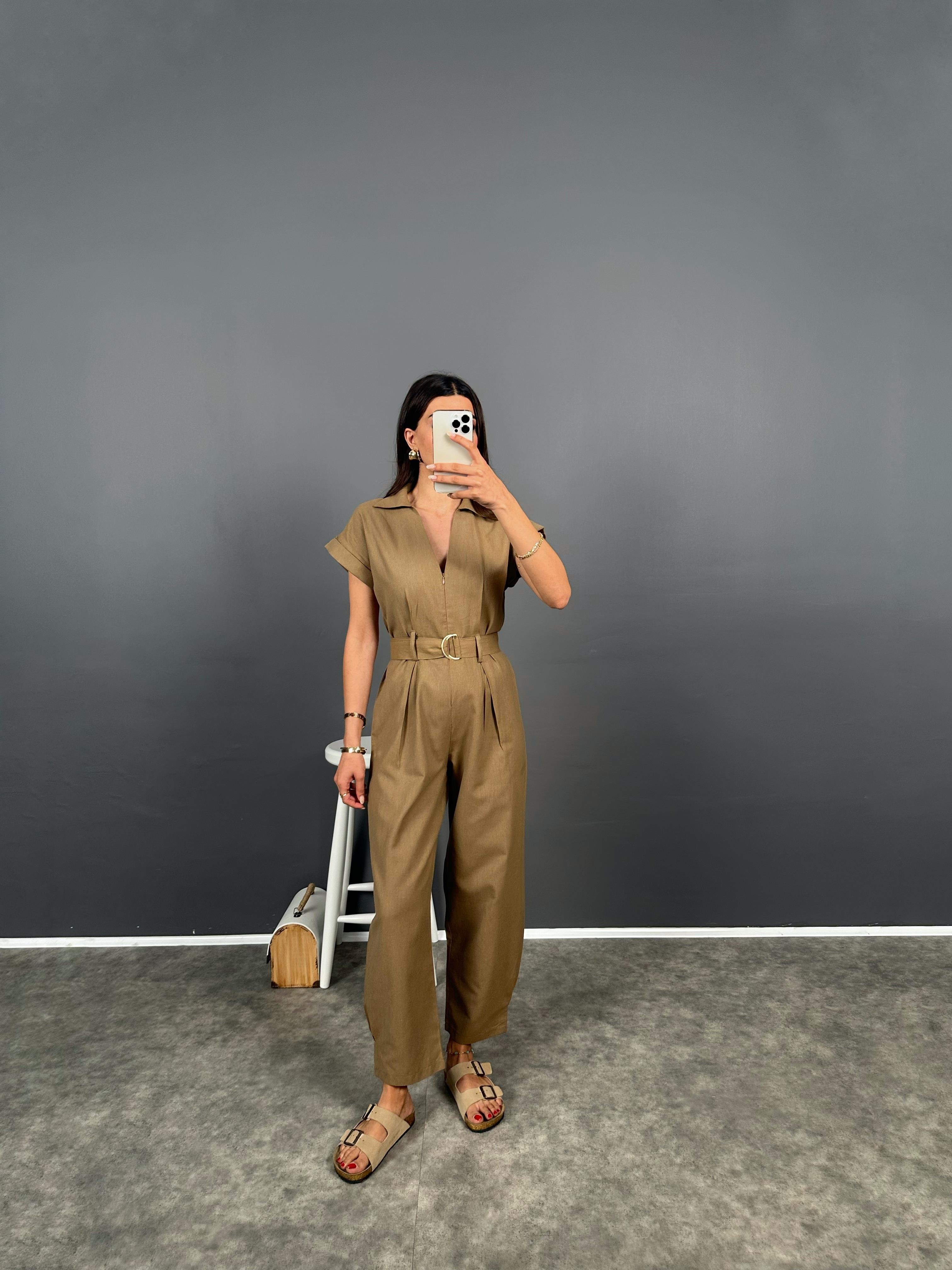 Tatissi Koyu Yağ Yeşili  Kemer Bağlamalı V Yaka Keten Tulum