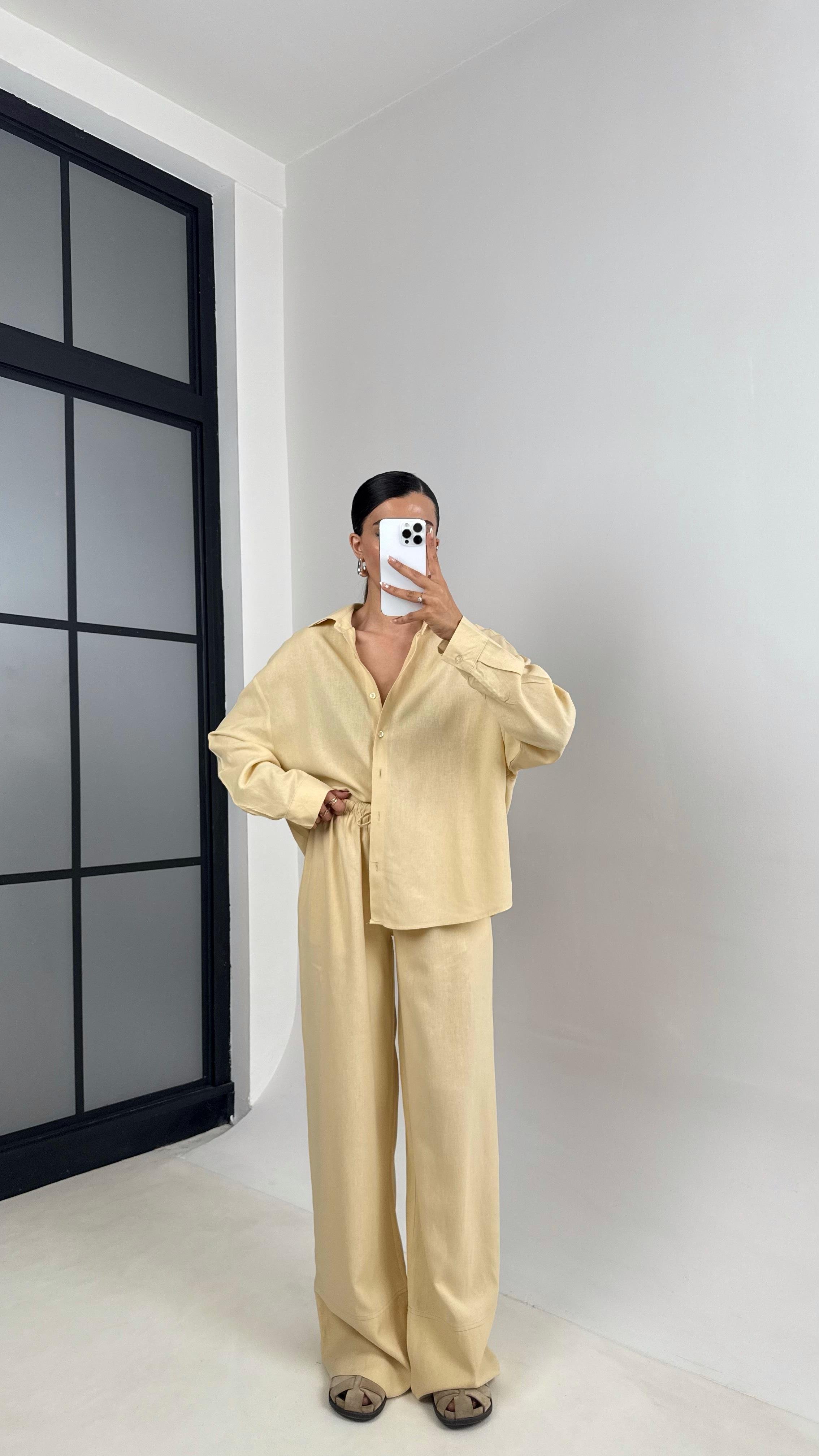 Bej Gömlek Beli Lastikli Katlama Detaylı MD Muadil Premium Keten Takım Gaus00591GausTAKIMGU1002382