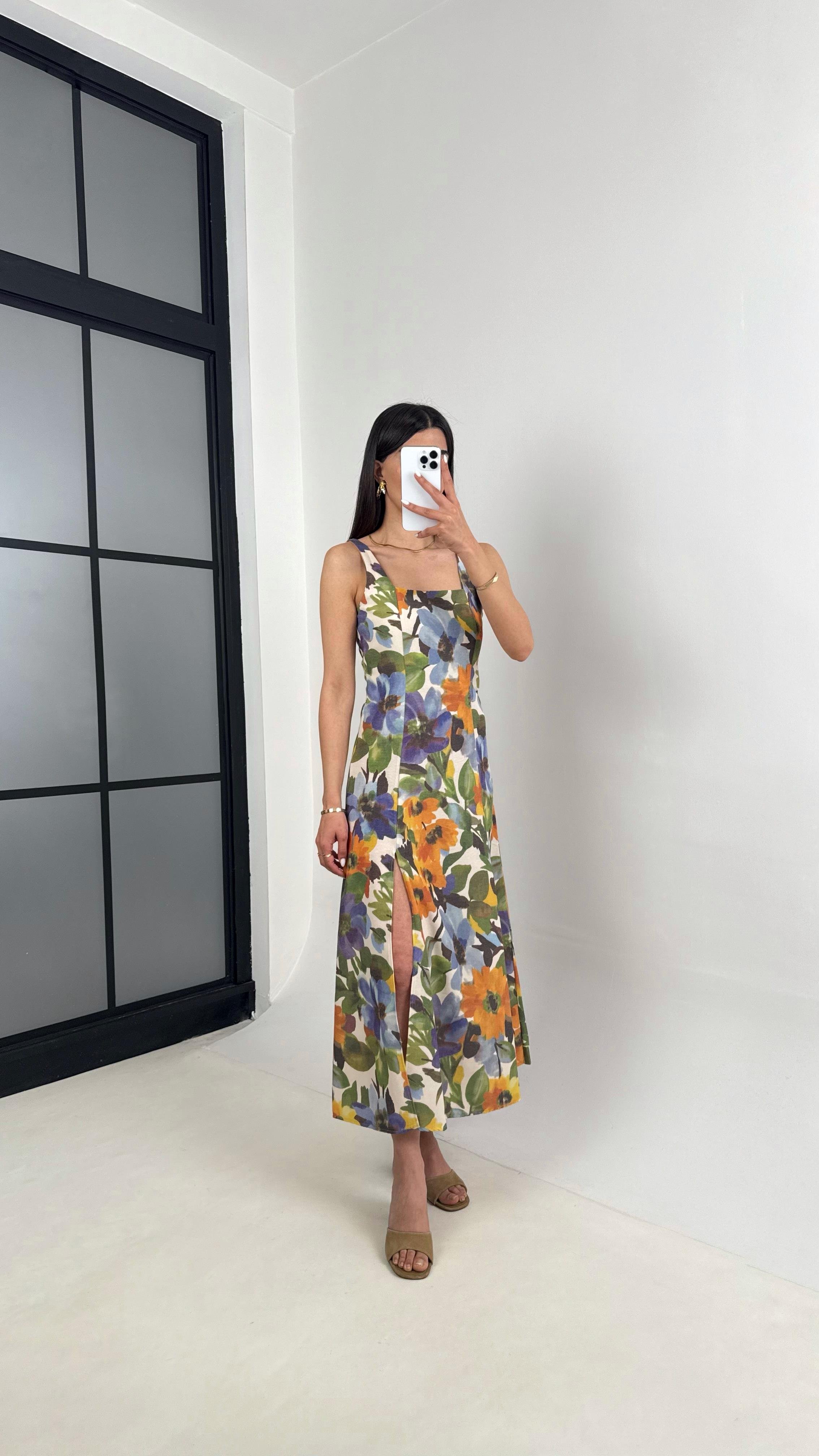 Haki Çiçek Desenli Yırtmaçlı Keten Elbise Gaus00443GausELBİSEGU1002033