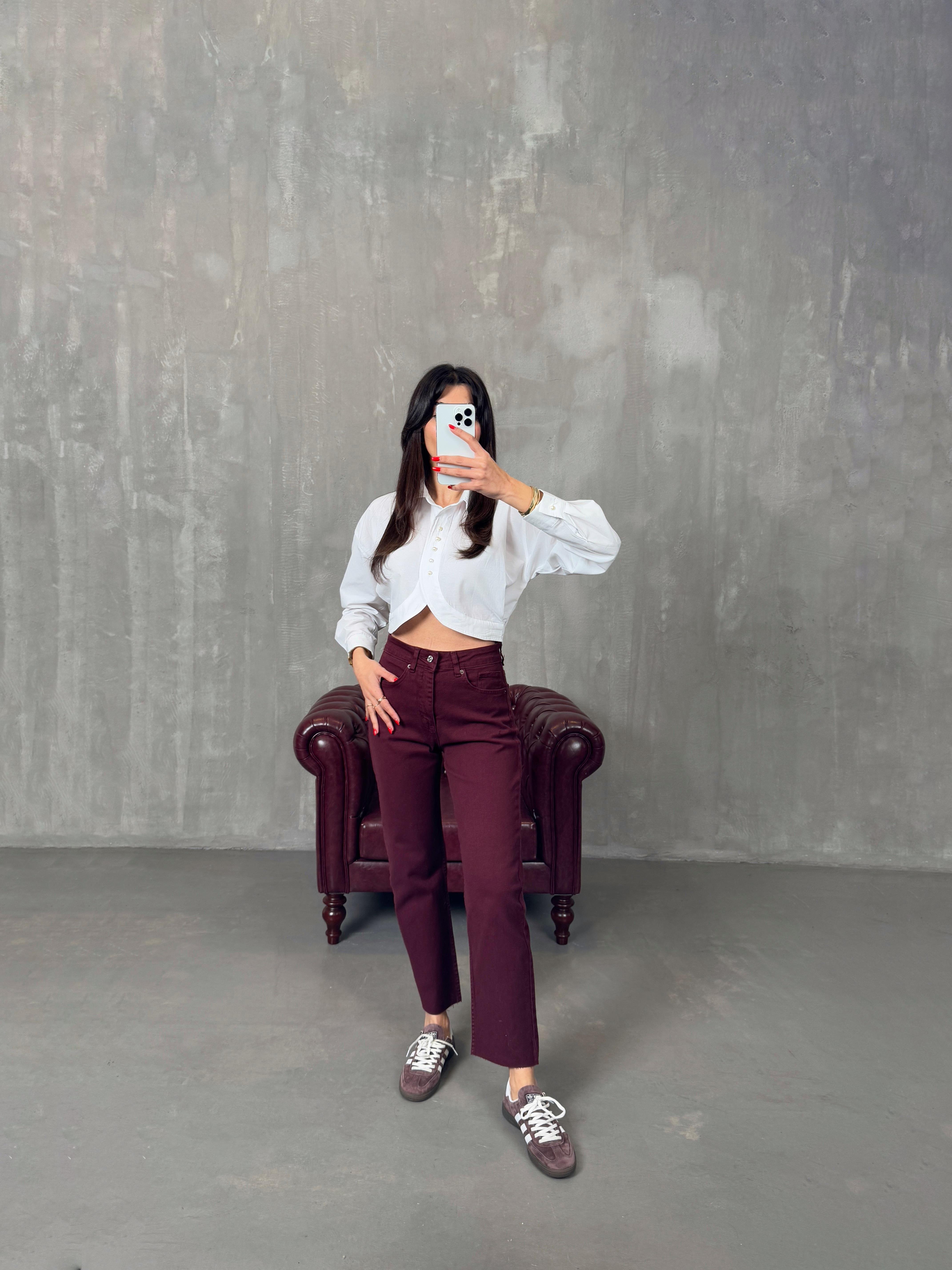 ريك بنطال موم جينز لون بوردو ساق قصة زد آر