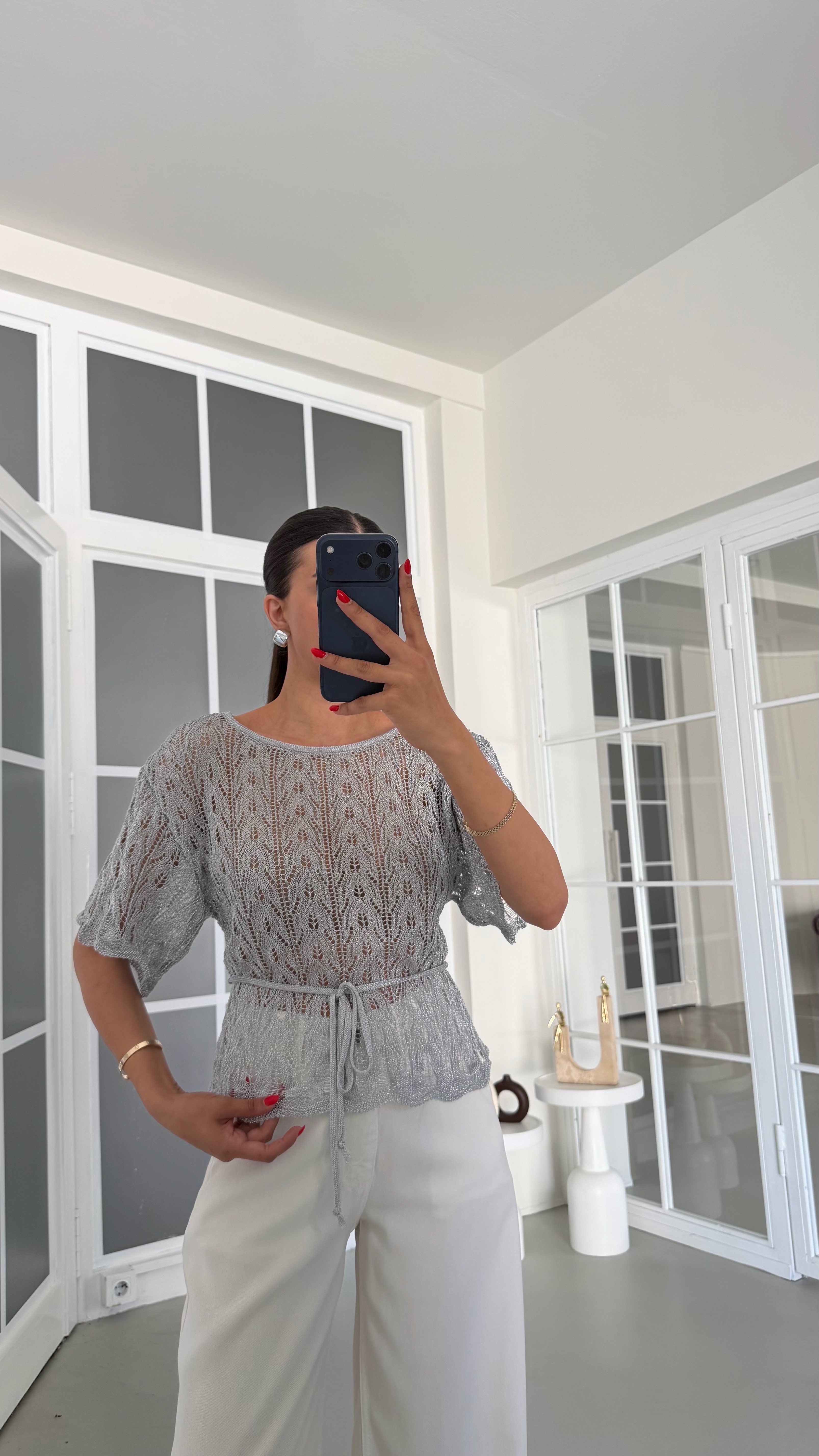 Gümüş Simli Kuşaklı Triko Bluz GAUS-01873GAUSBlouseGAUS-01873