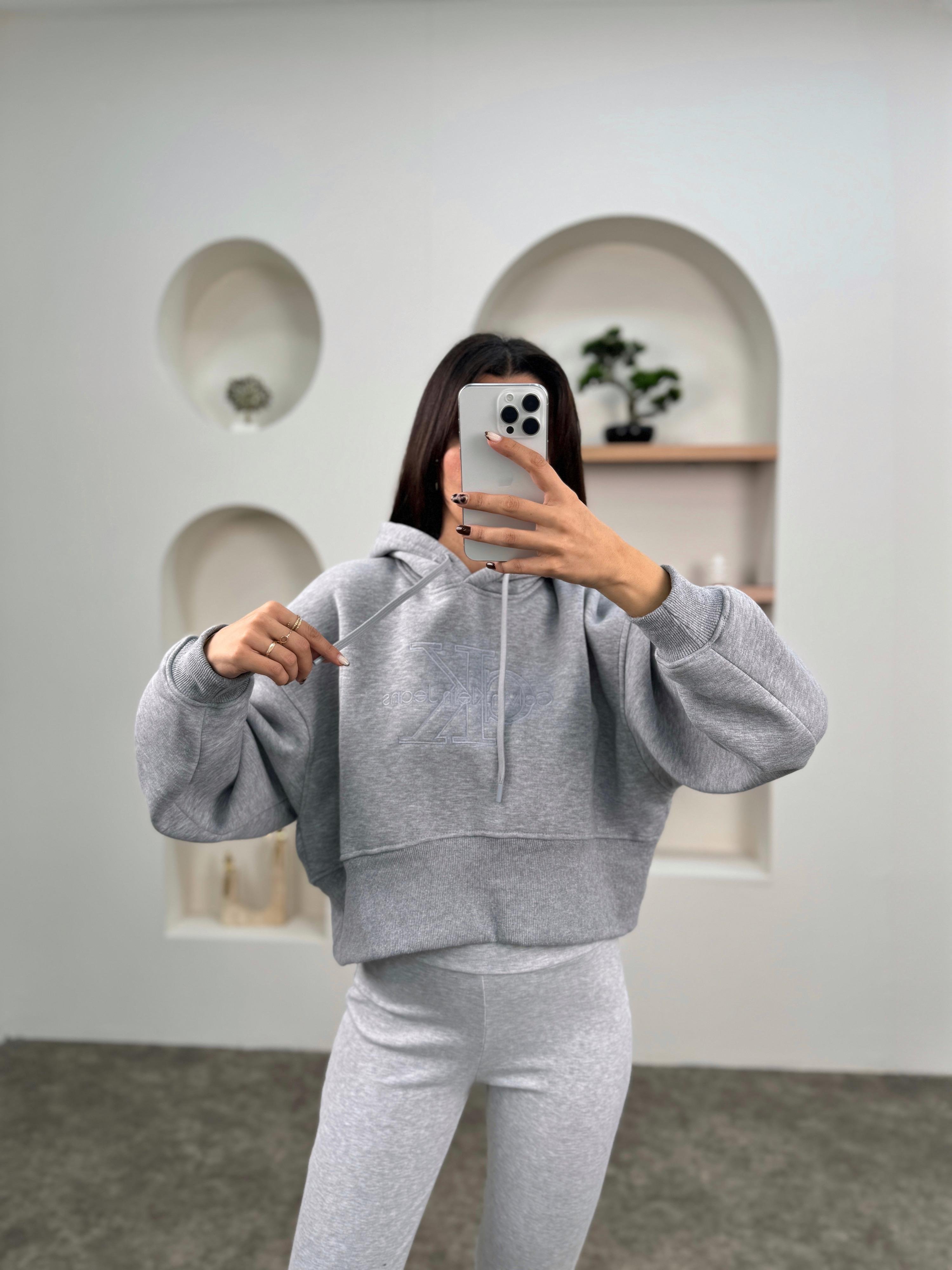 Jime Gri Muadil Crop Kapüşonlu Şardonlu Sweatshirt