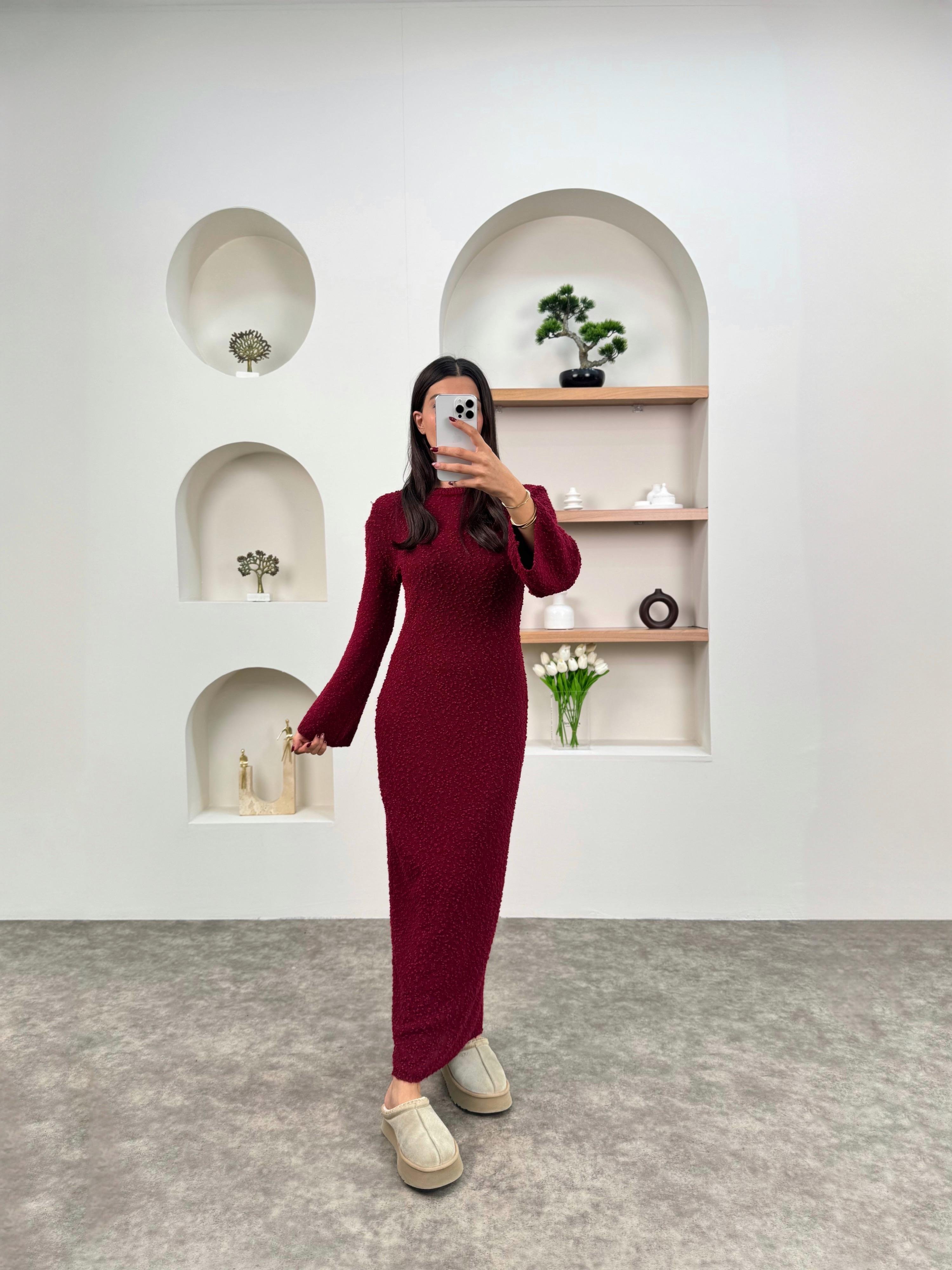 Dale Bordo Bisiklet Yaka Triko Tasarım ElbiseGausELBİSEGU00903561