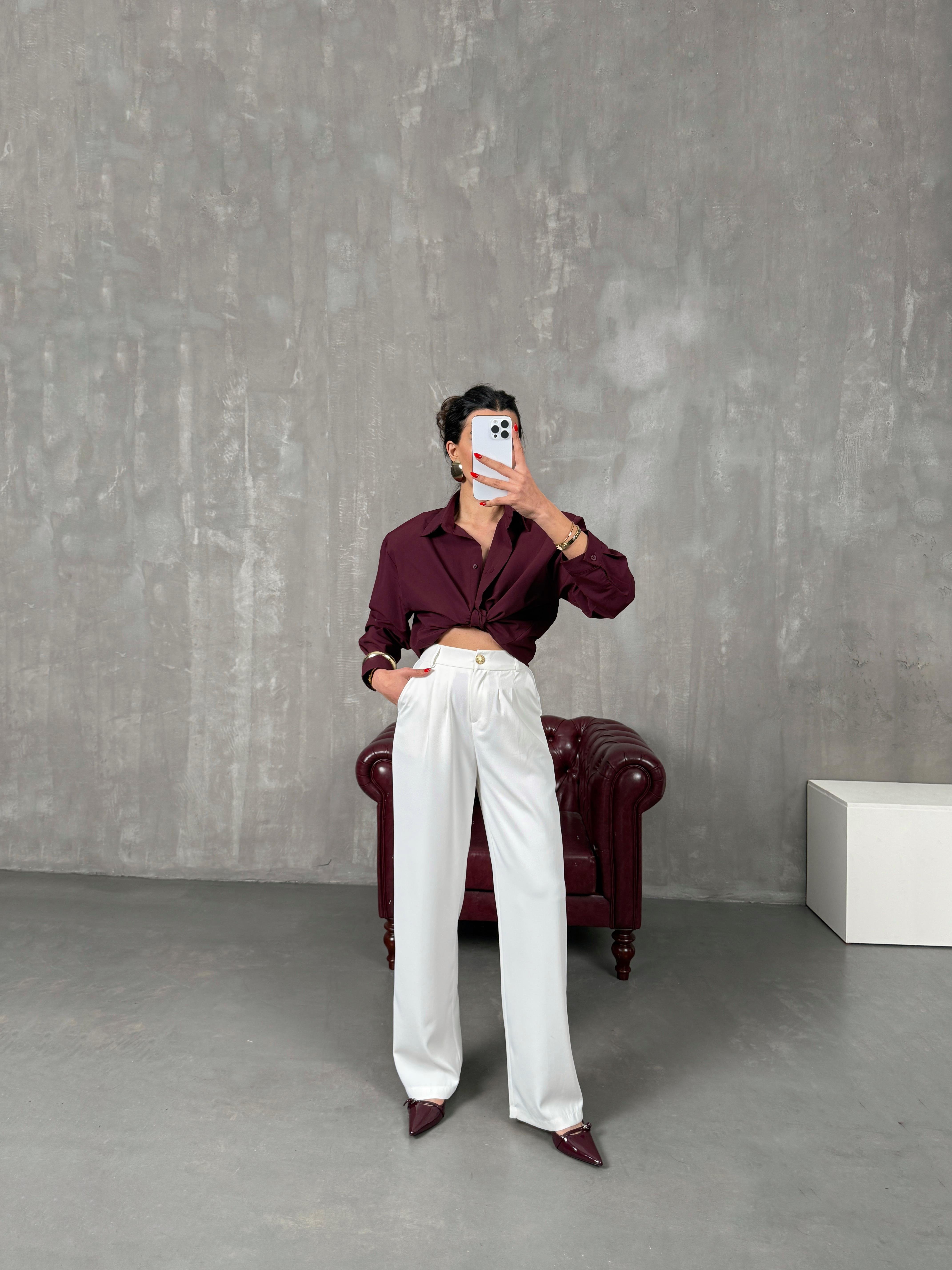 ساغورا بنطال أبيض بريميوم مع جيب وخصر مطاطي