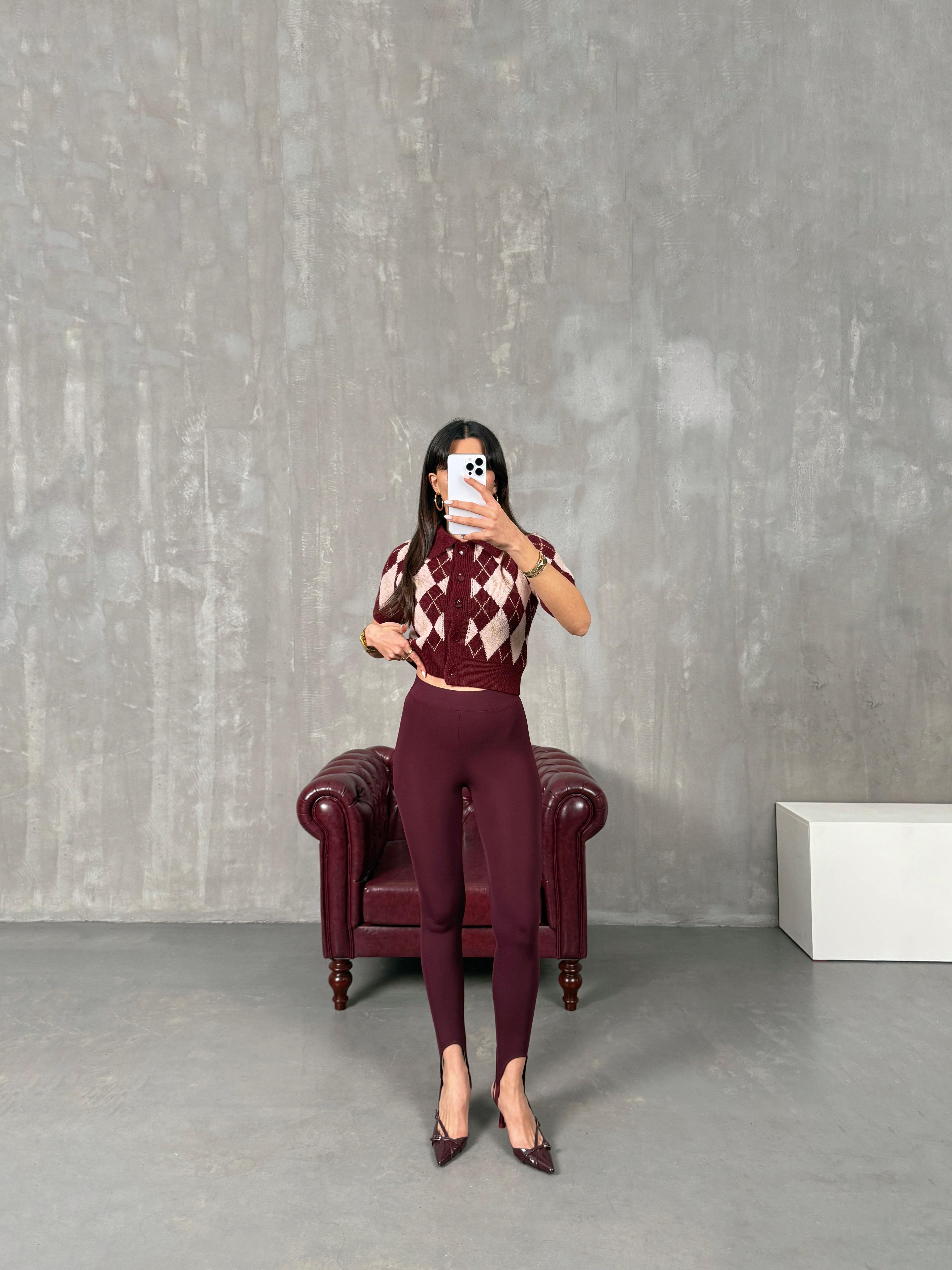 Raser Bordo Topuktan Geçirmeli Yumuşak Dokulu Tayt