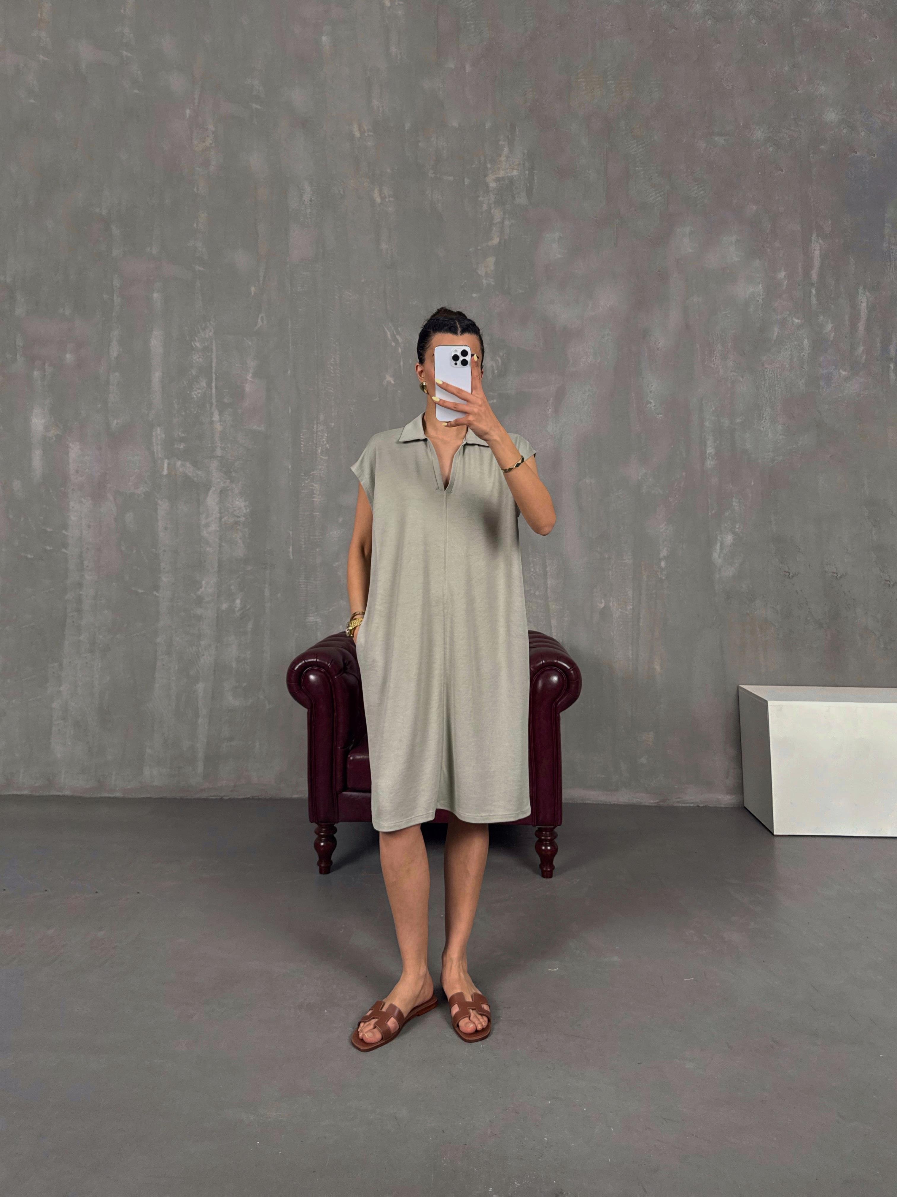 Bej V Polo Yaka Elbise Gaus00117GausELBİSEGU1001263