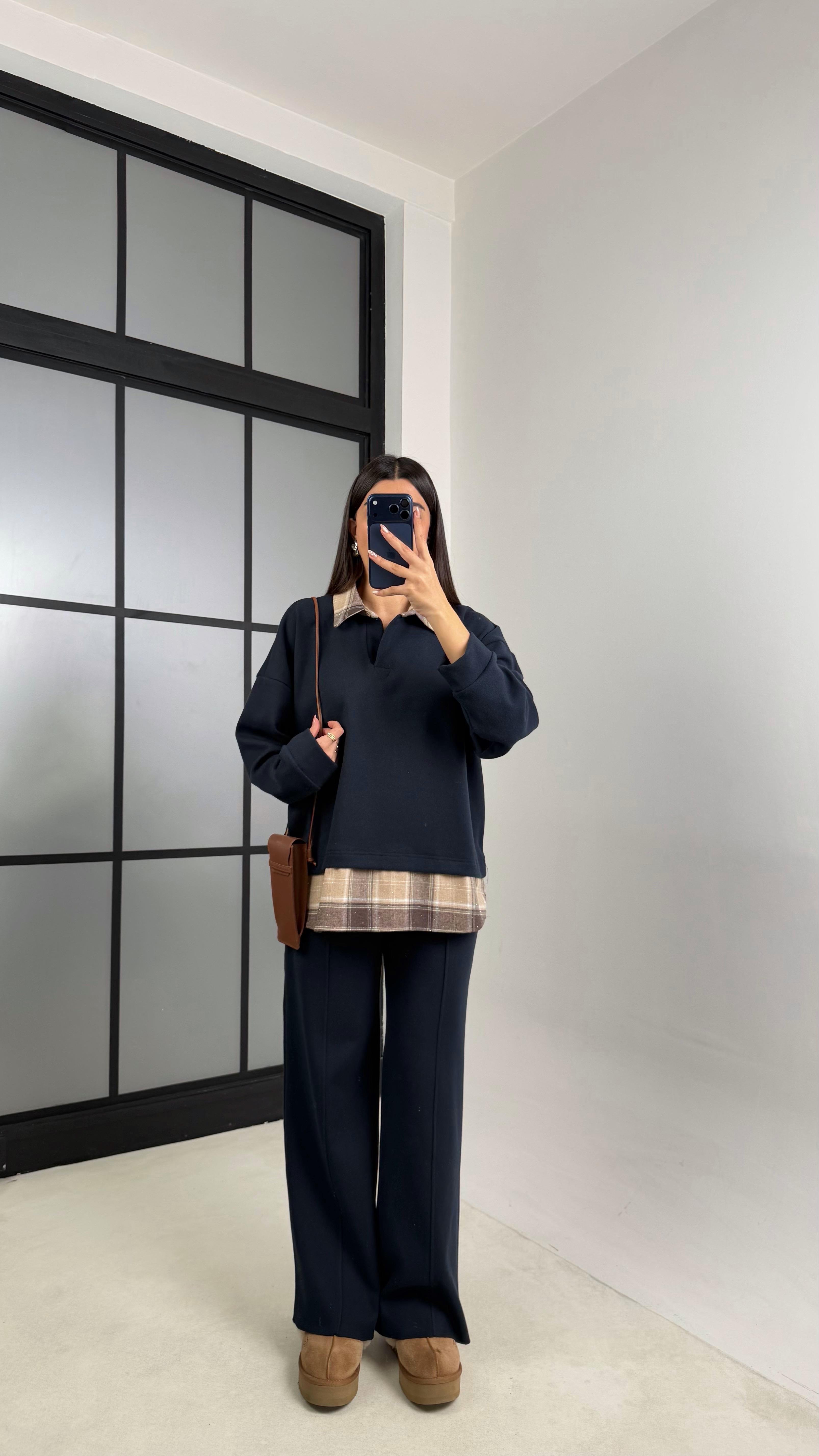 Lacivert Gömlek Taş Detaylı Kazak Beli Lastikli Pantolon Örme Takım GAUS-00831GAUSSuitsGAUS-00831