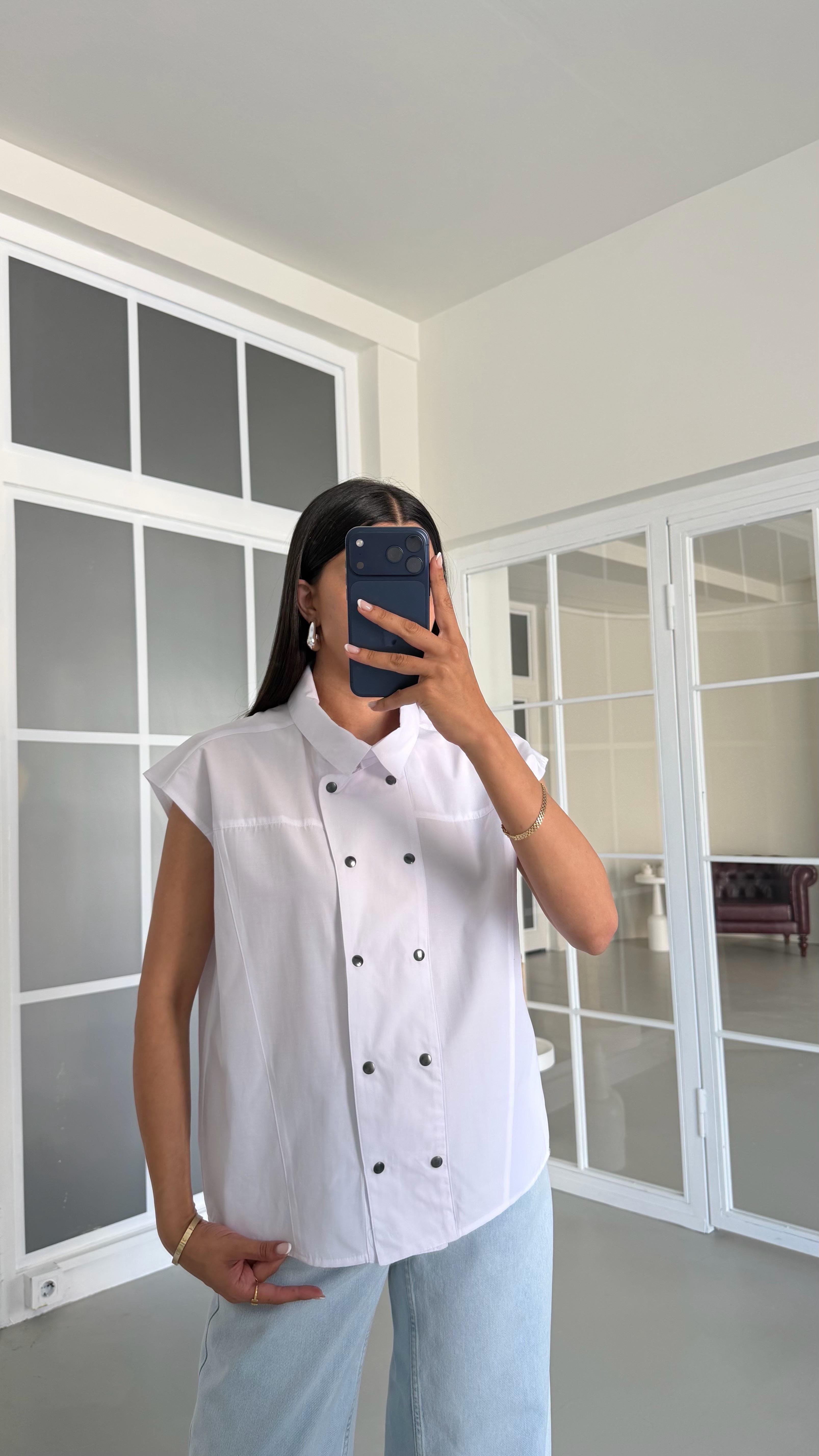 Beyaz Sıfır Kol Çıtçıt Düğmeli Gömlek GAUS-01639GAUSShirtGAUS-01639