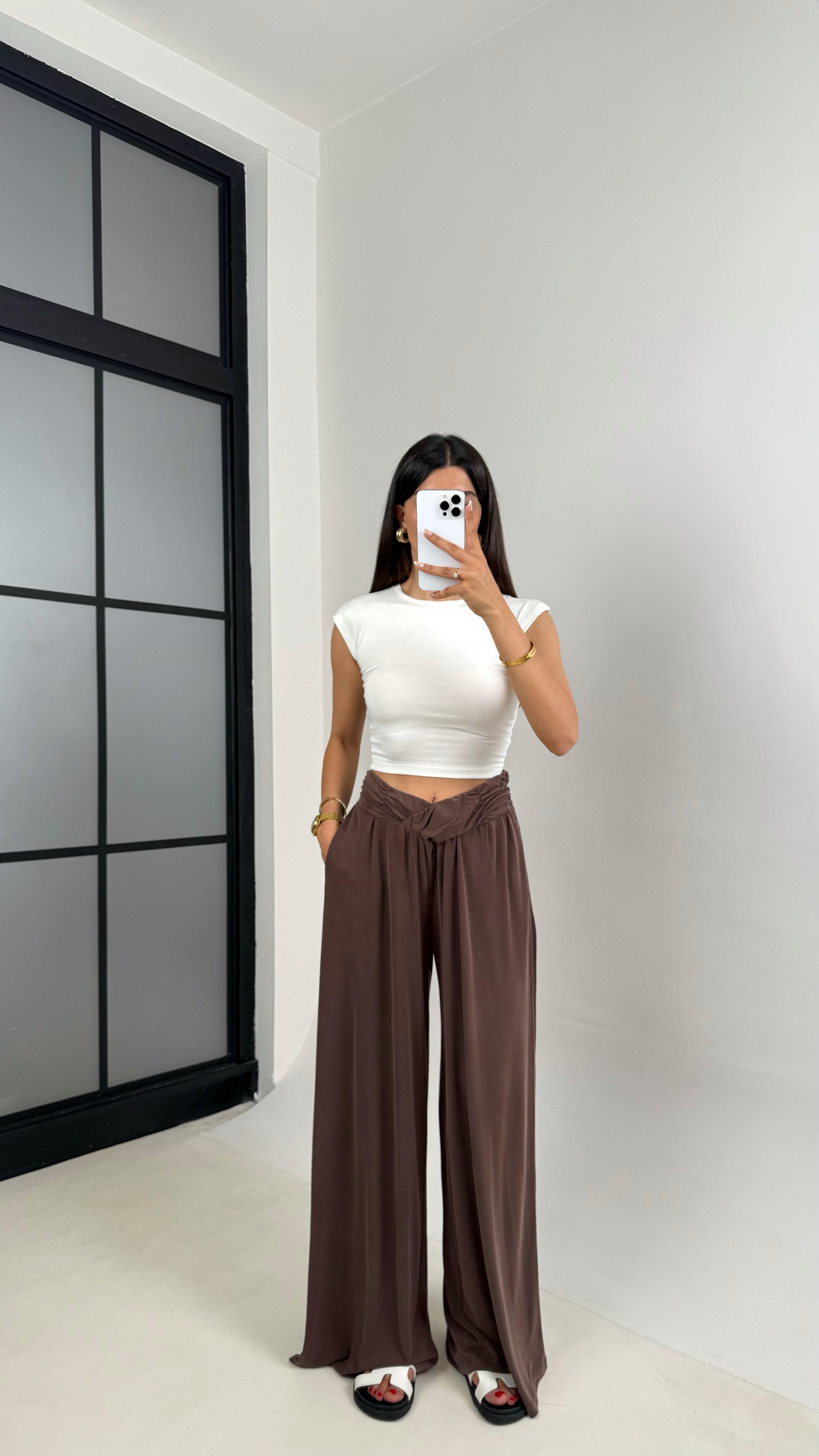 Kahve Beli Çapraz Lastikli Bol Paça Oys Muadil Pantolon Gaus00606GausPANTOLONGU1002421