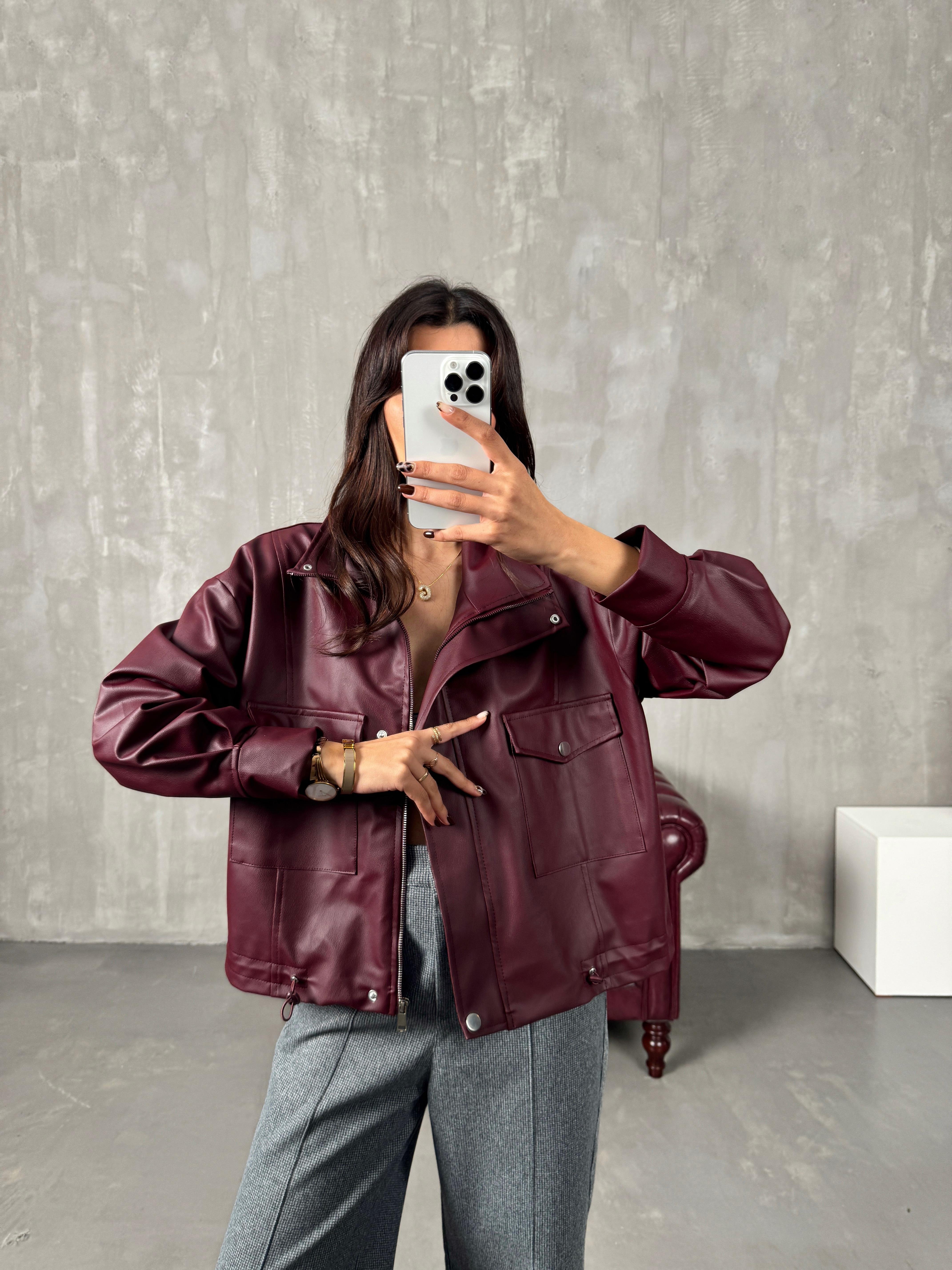 Julya Bordo Cepli Fermuarlı Astarlı Deri Ceket