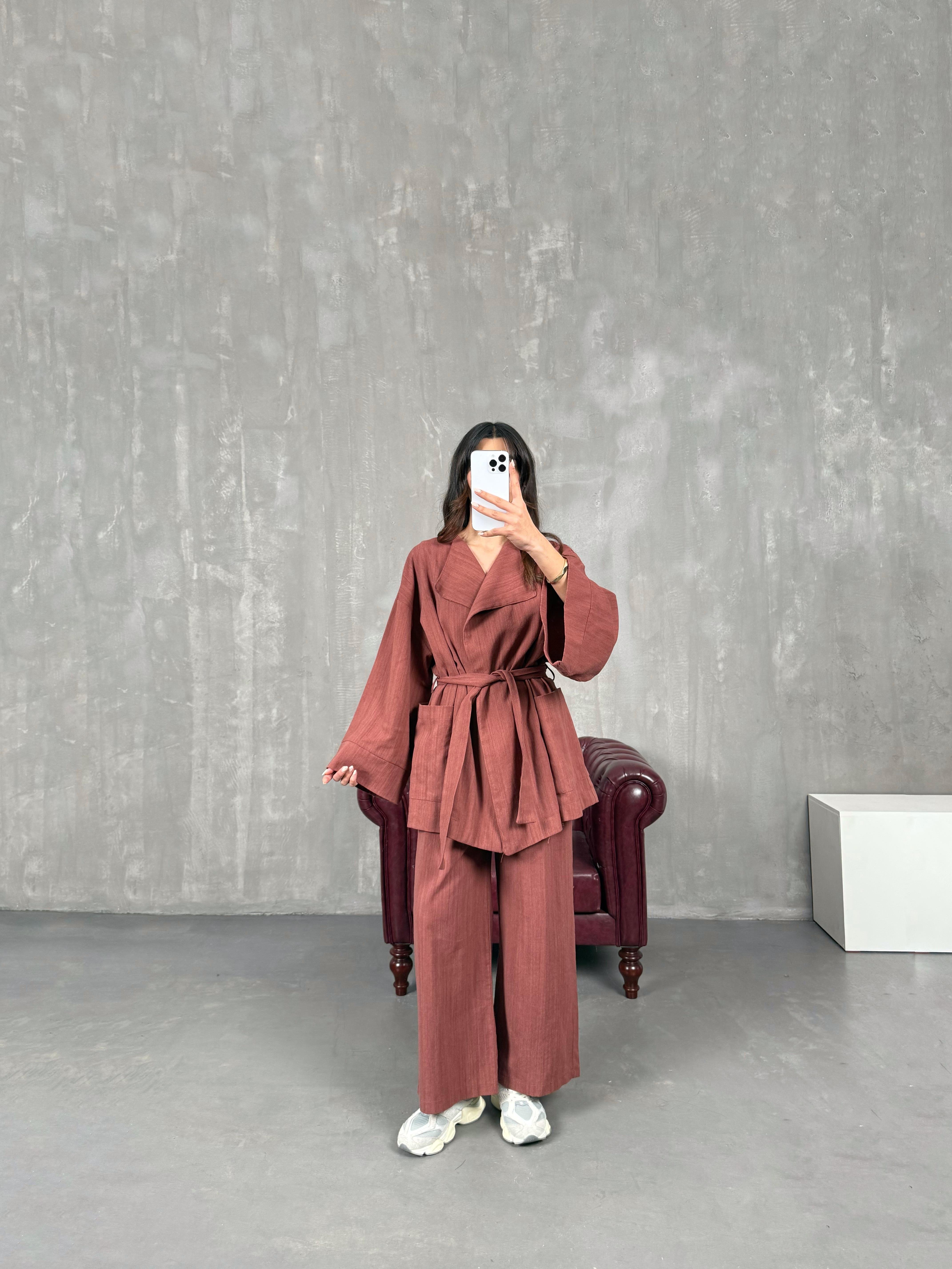 سانسا طقم كيمونو كتان لون قرميدي مع زنّار