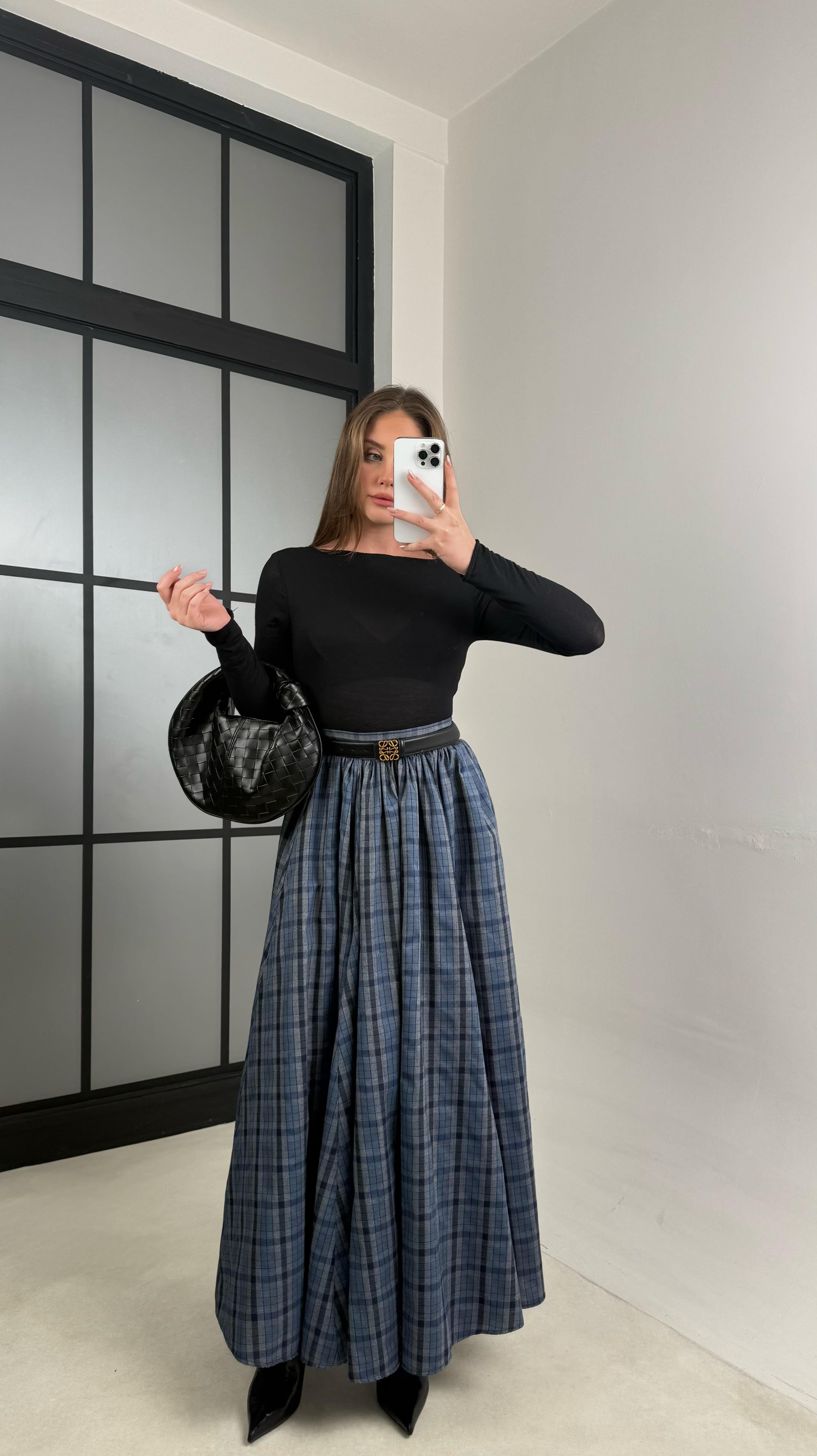 Lacivert Beli Lastikli Pileli Ekose Desenli Etek GAUS-01056GAUSSkirtGAUS-01056