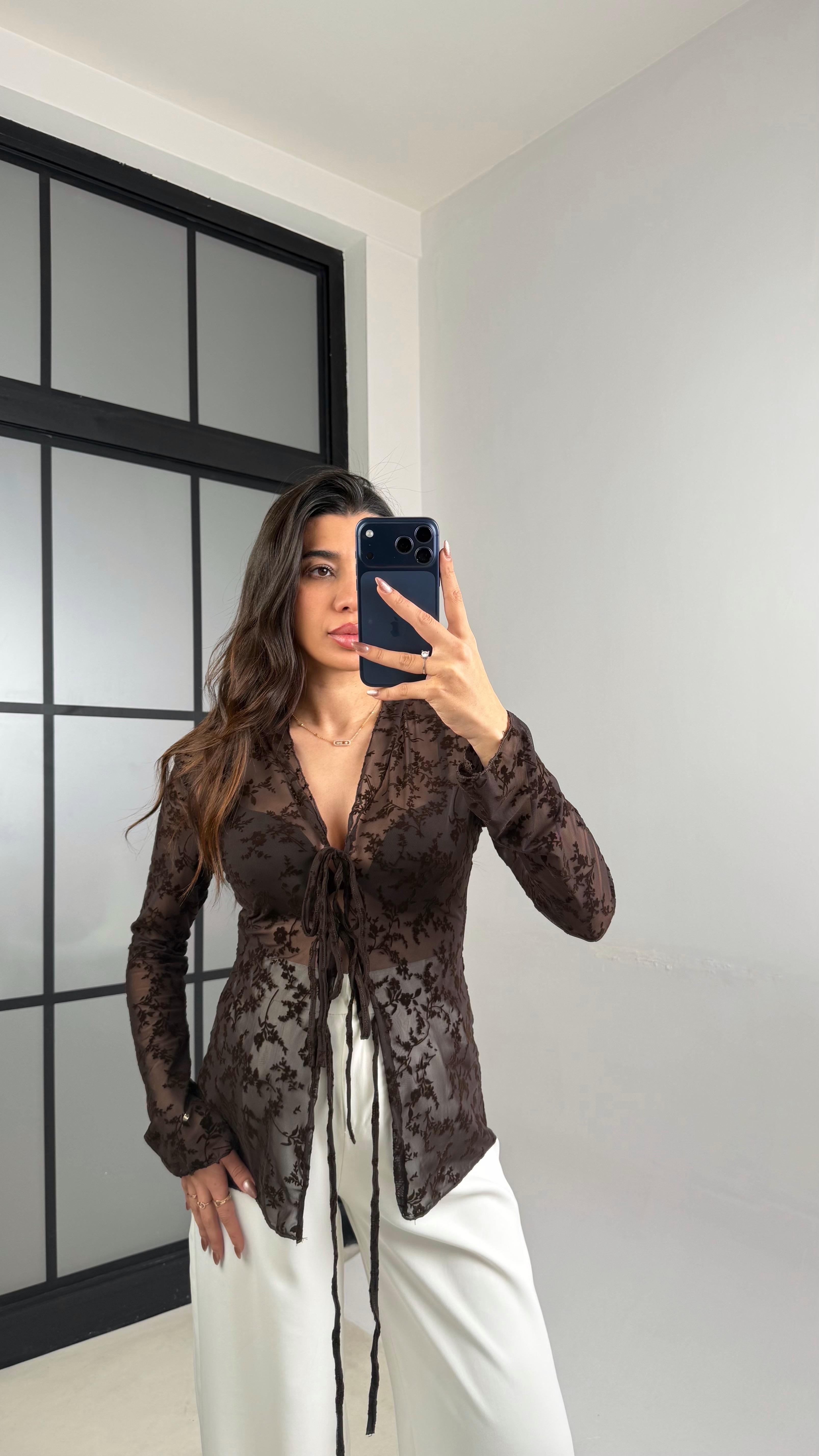 Acı Kahve Transparan Önü Bağlamalı Bluz GAUS-01146GAUSBLUZGAUS-01146