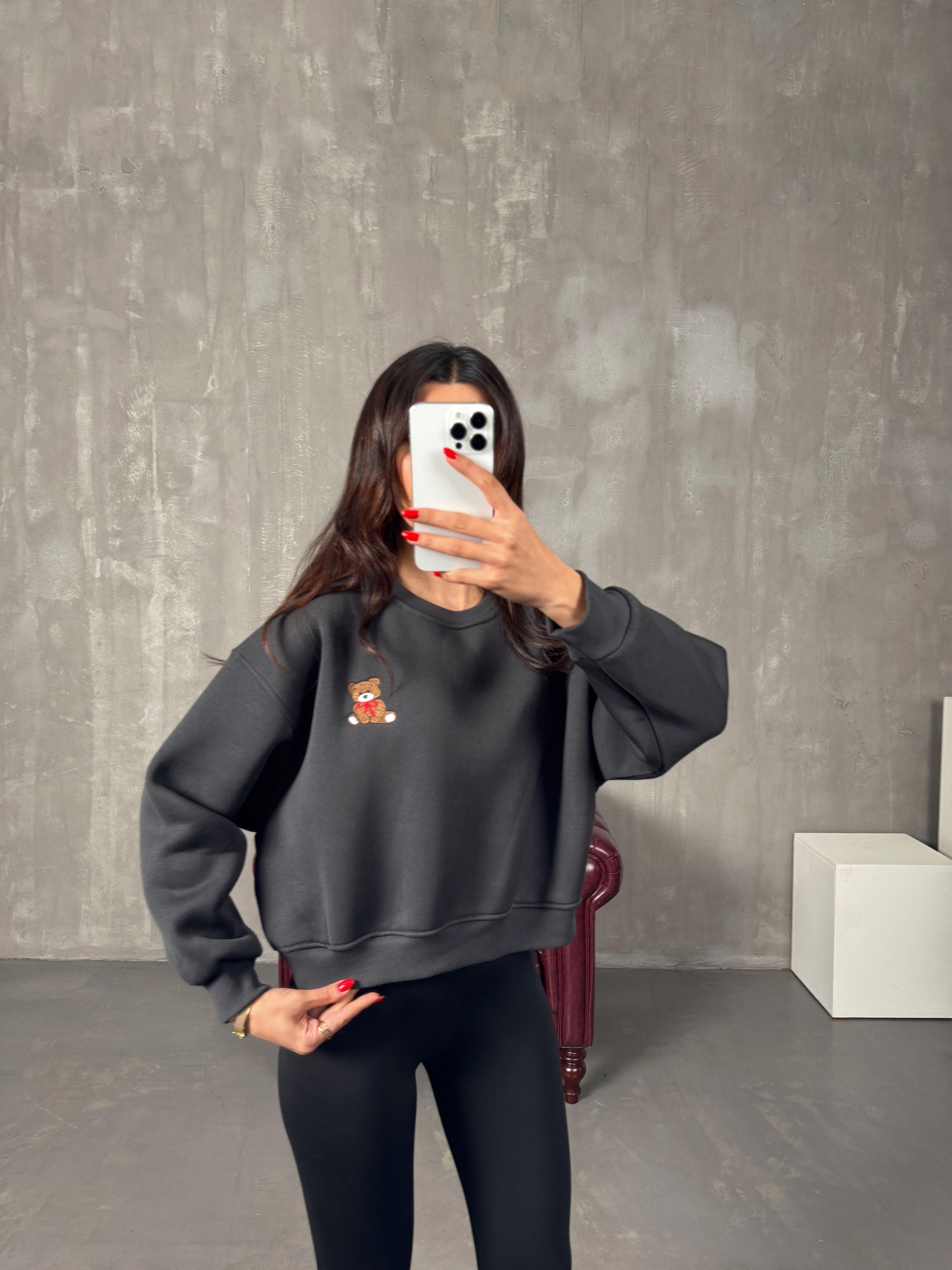 Tedy Füme Ayıcık İşlemeli Şardonlu Sweat GausSWEATSHIRTGU00904272