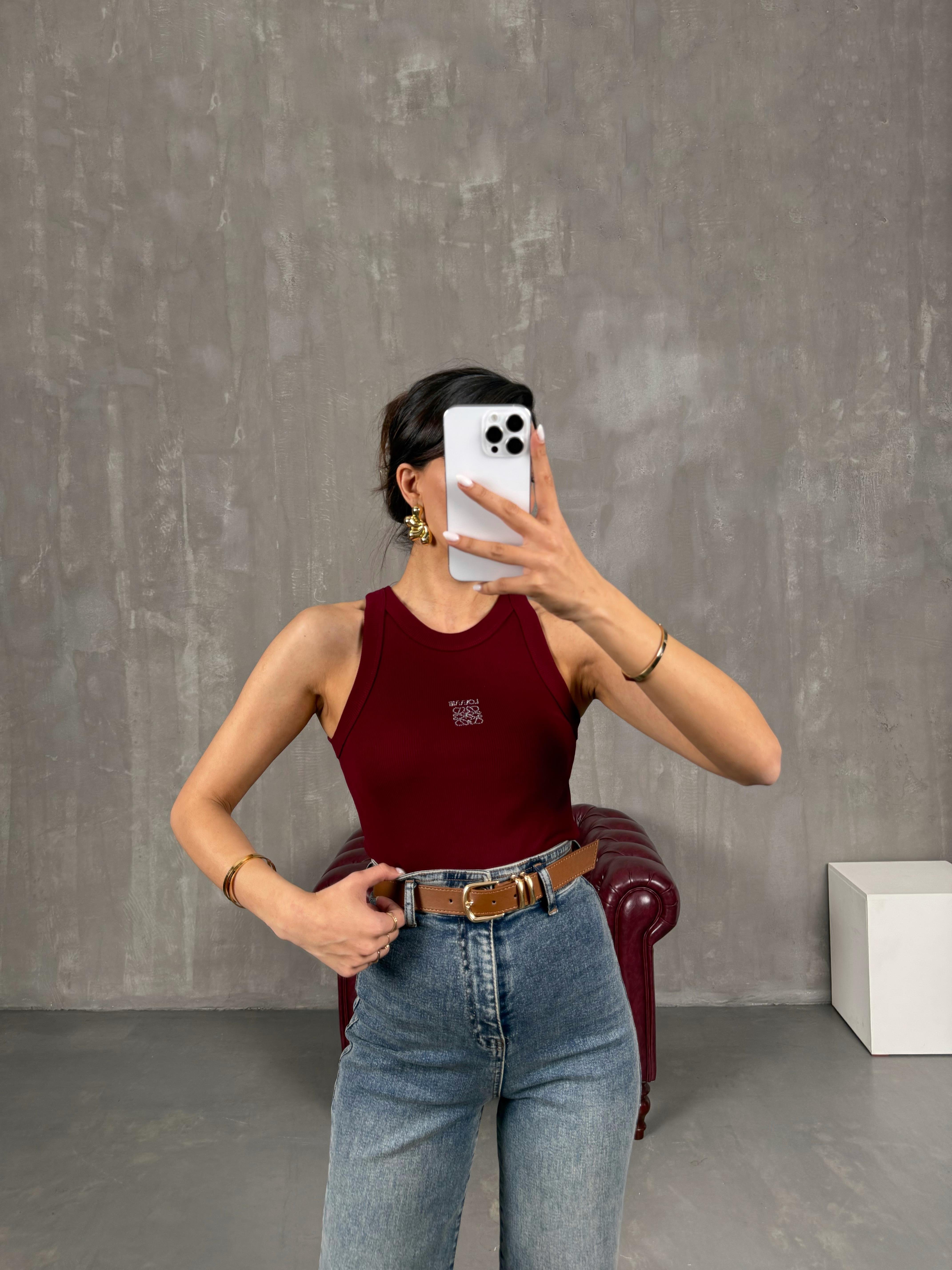 Bordo Taş Baskılı Sıfır Kol Tshirt Gaus00046