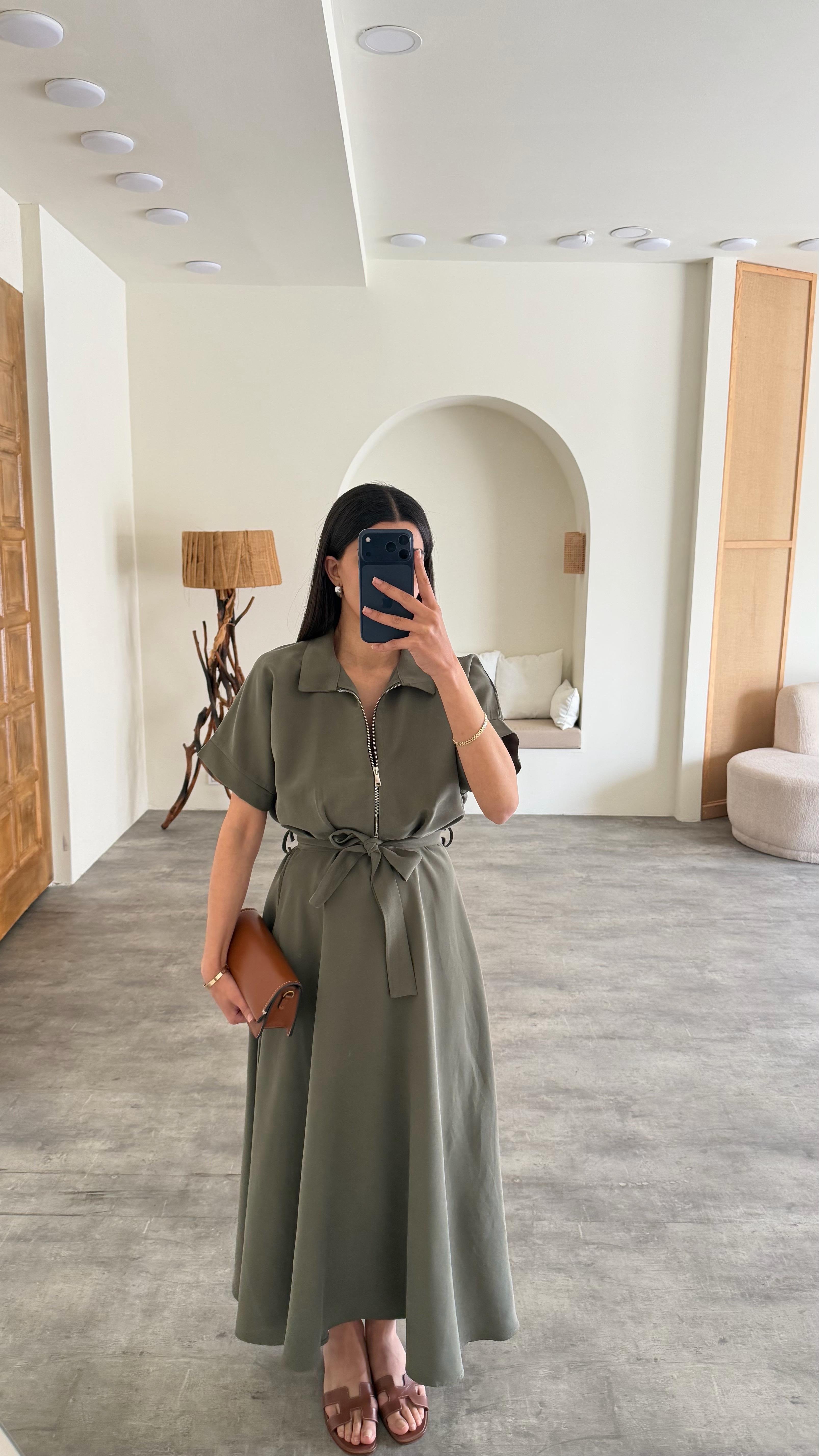 Yeşil Polo Yaka Kuşaklı Tencel Kumaş Elbise GAUS-01429GAUSELBİSEGAUS-01429